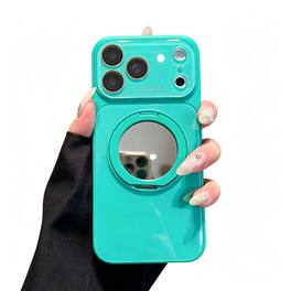 Dteck - for Apple iPhone 17 Pro Max Large Window Glass Phone Case with Mirror Stand,Magnetic Wireless Charging,Full Lens Cover - Cyan