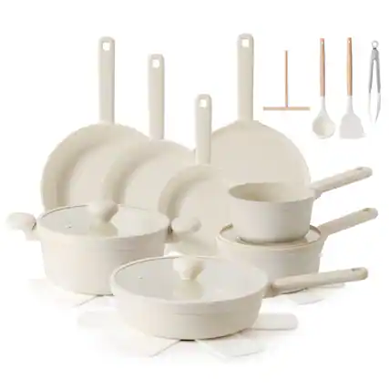 Front. SENSARTE - 24-Pcs Nonstick Pots and Pans Set, Induction Healthy Kitchen Cooking Sets with Stay-Cool Handles, Dishwasher Safe - White.