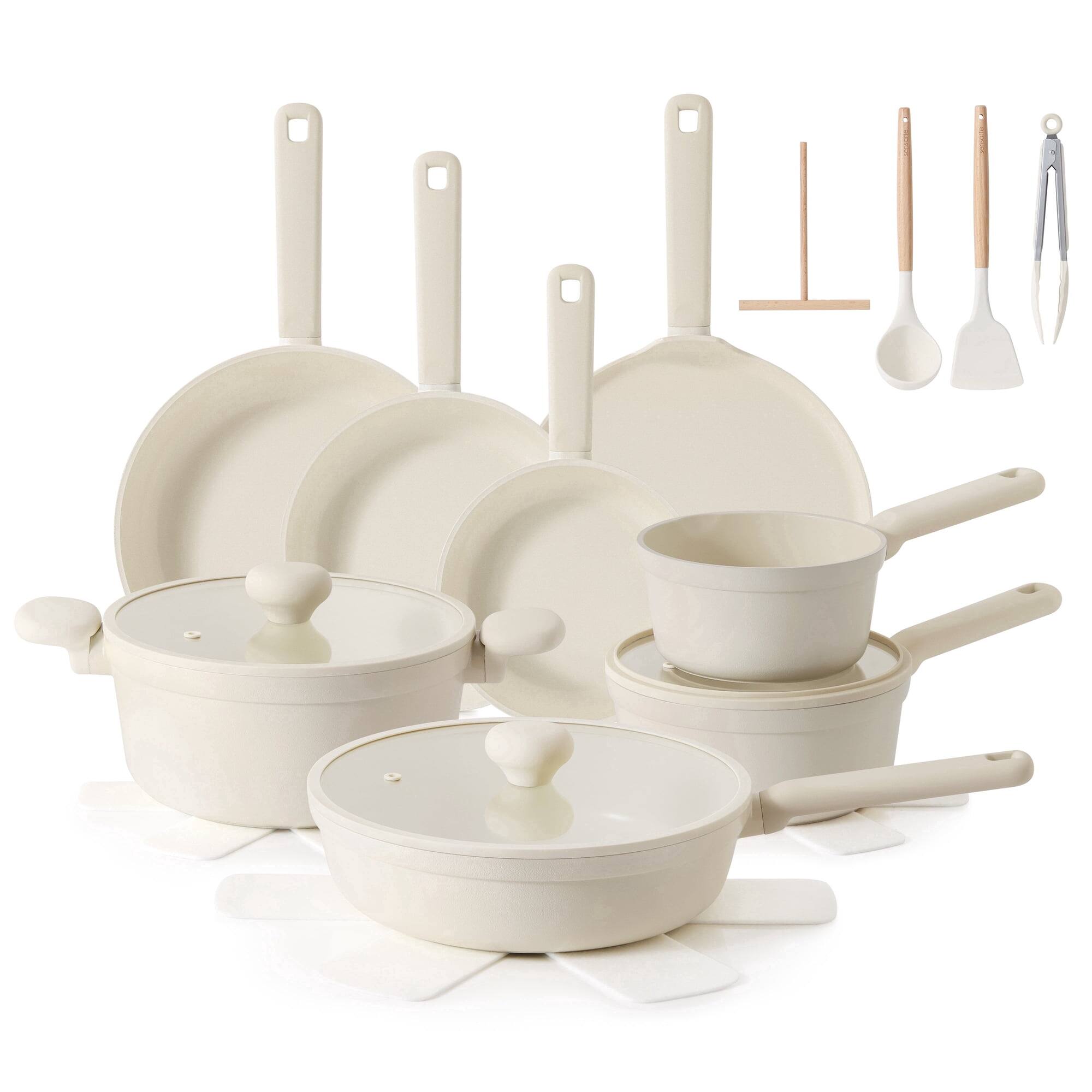 Front. SENSARTE - 24-Pcs Nonstick Pots and Pans Set, Induction Healthy Kitchen Cooking Sets with Stay-Cool Handles, Dishwasher Safe - White.
