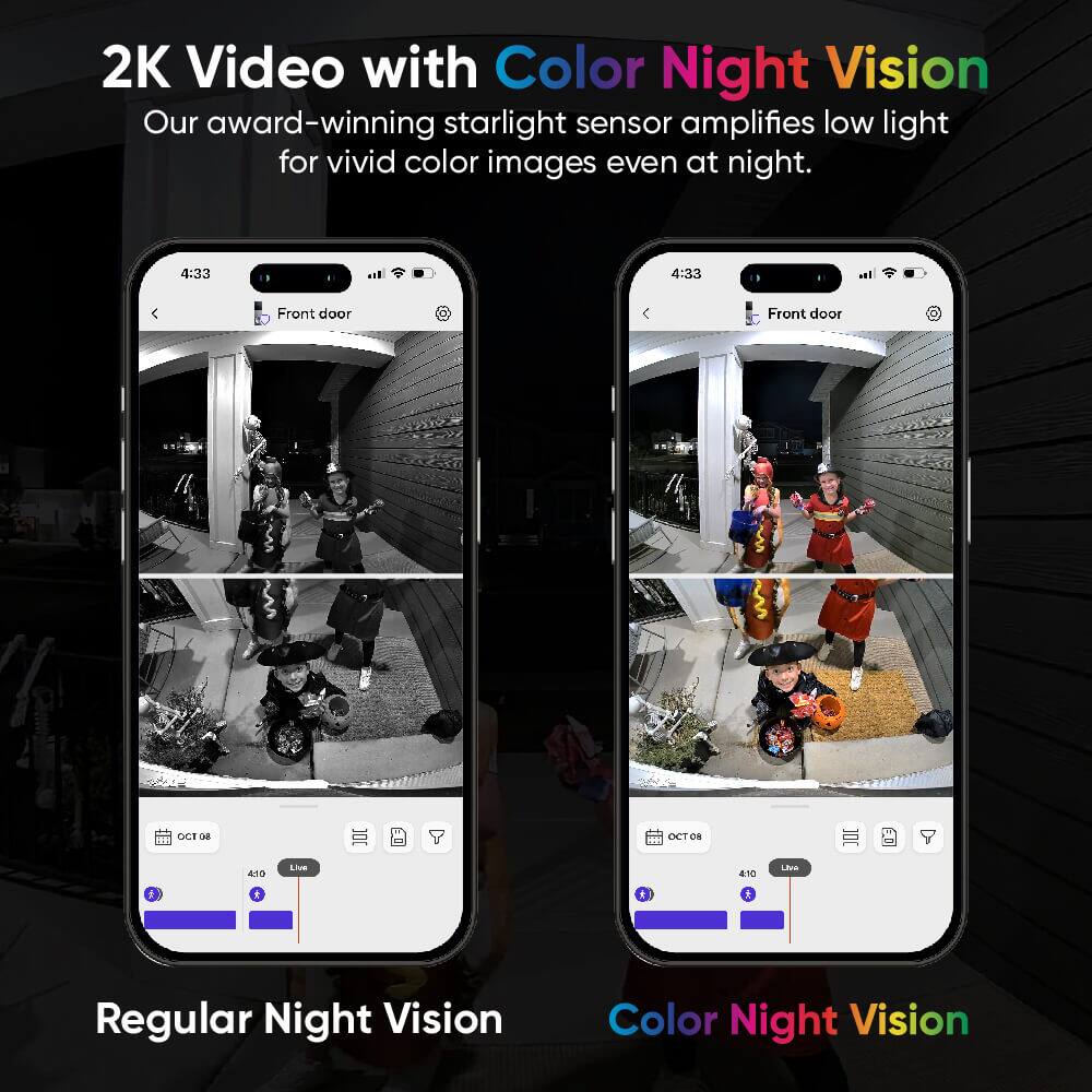 2K Video with Color Night Vision: Our award-winning starlight sensor amplifies low light for vivid color images even at night. Regular Night Vision: Front door.