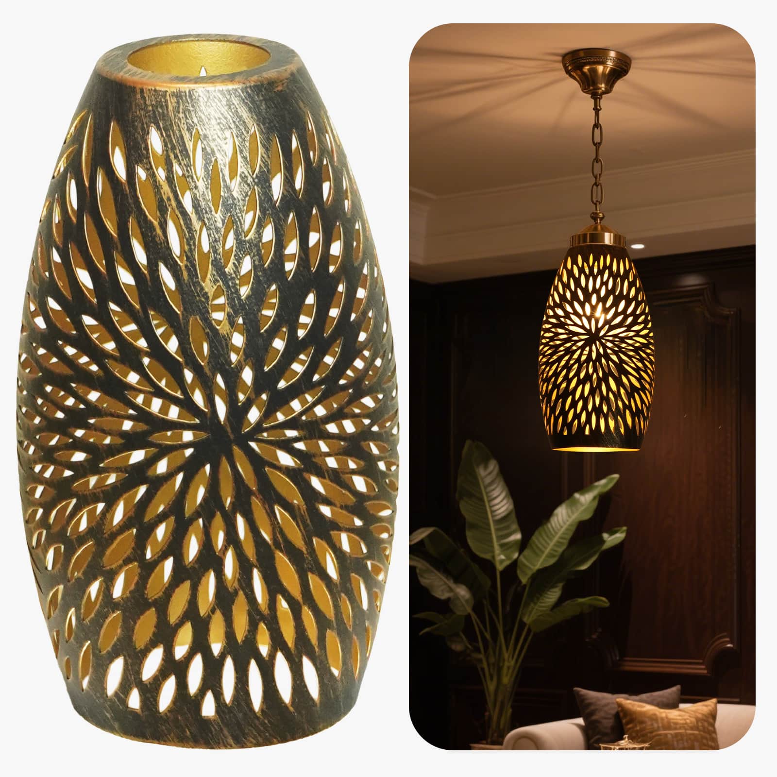 Alucset - Metal Oval Pendant Light Shade Replacement with 1-5/8" Fitter Etched Chrysanthemum for Chandelier Wall Lamp, Bronze Gold - Antique Bronze & Gold