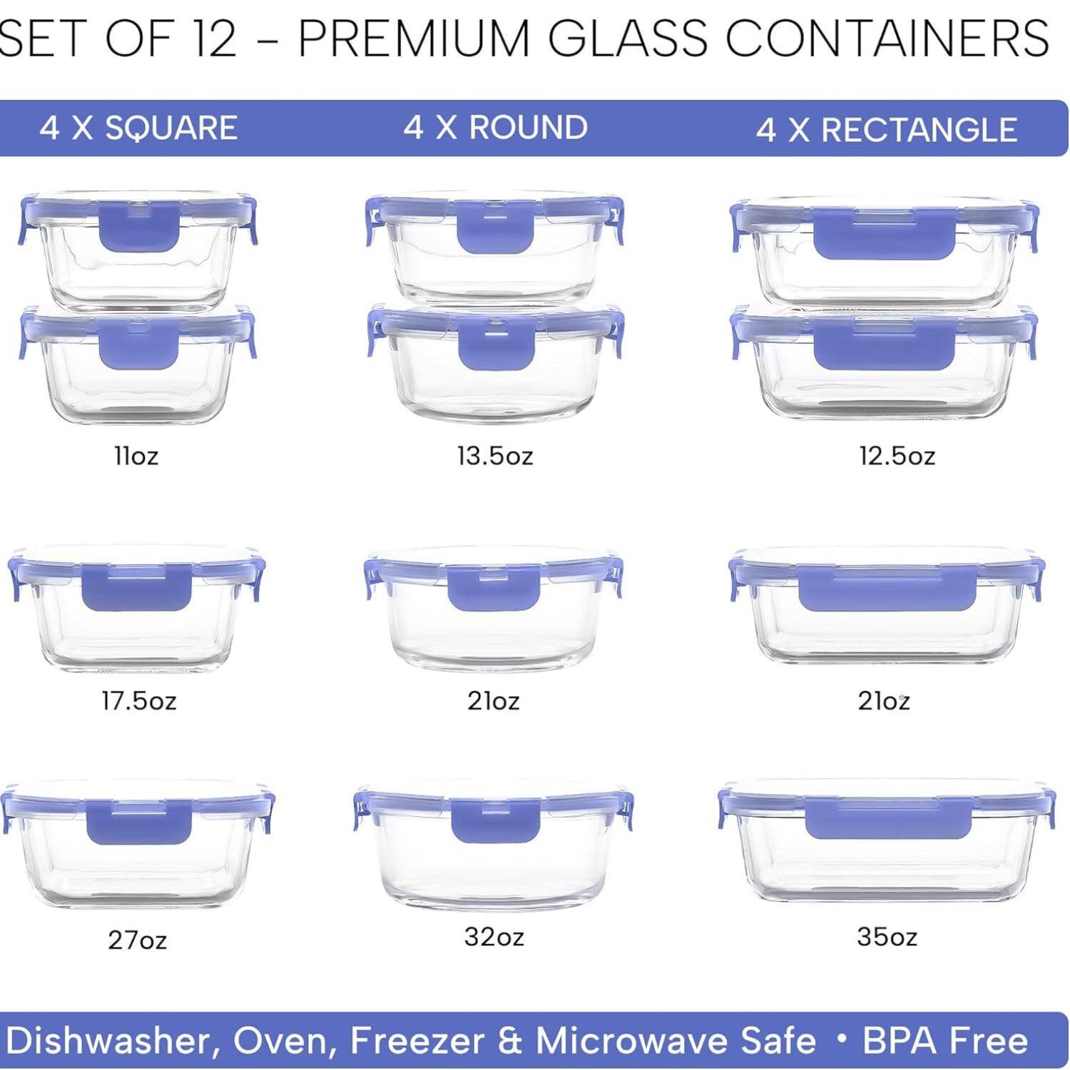 SET OF 12 - PREMIUM GLASS CONTAINERS
4 X SQUARE
4 X ROUND
4 X RECTANGLE
11oz
13.5oz
12.5oz
17.5oz
21oz
21oz
27oz
32oz
35oz
Dishwasher, Oven, Freezer & Microwave Safe
BPA Free