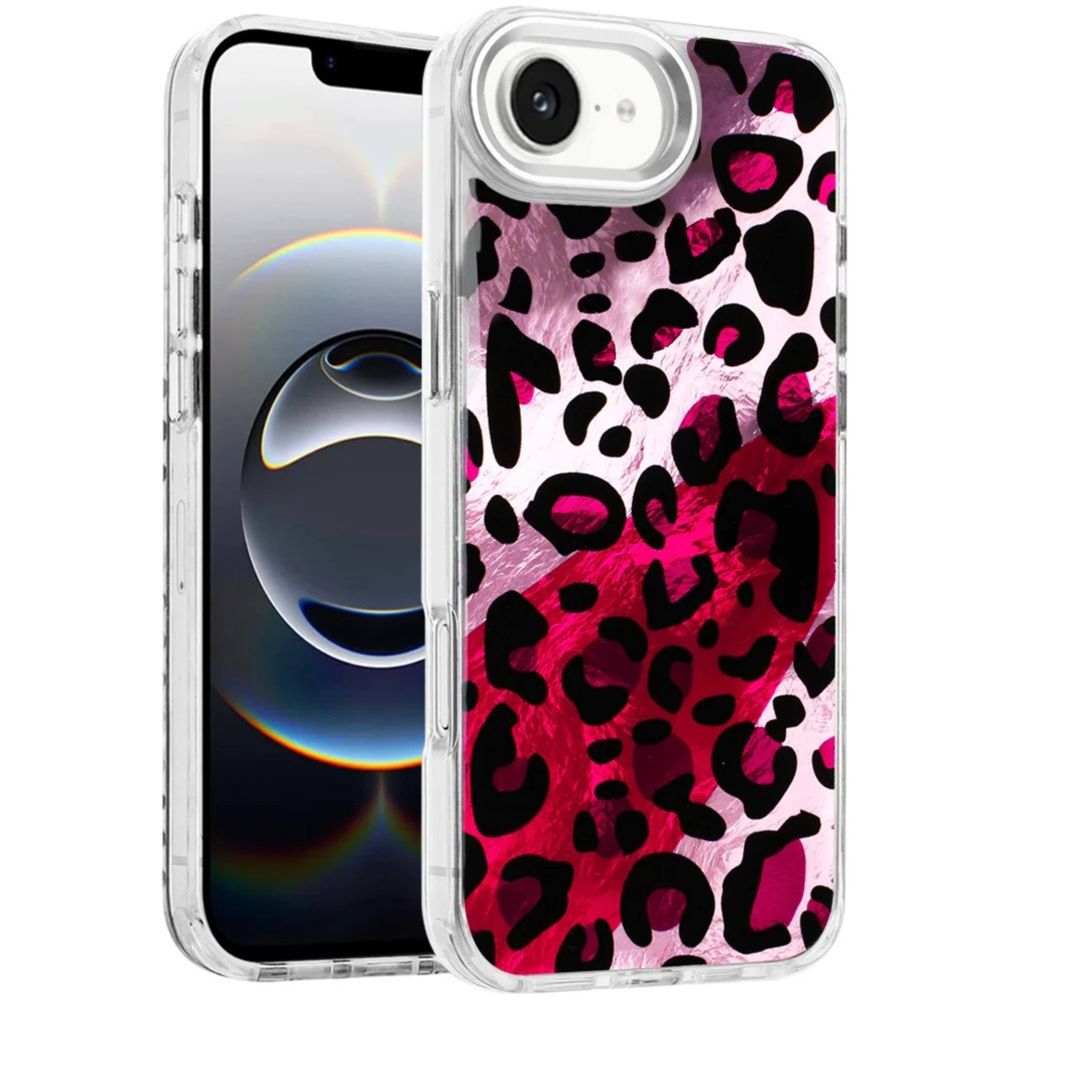 Angle. Kitcheniva - Cute In Mold Design Phone Case With Metallic Buttons And Tempered Glass For iPhone 16e 17e Pink Pattern - Pink.