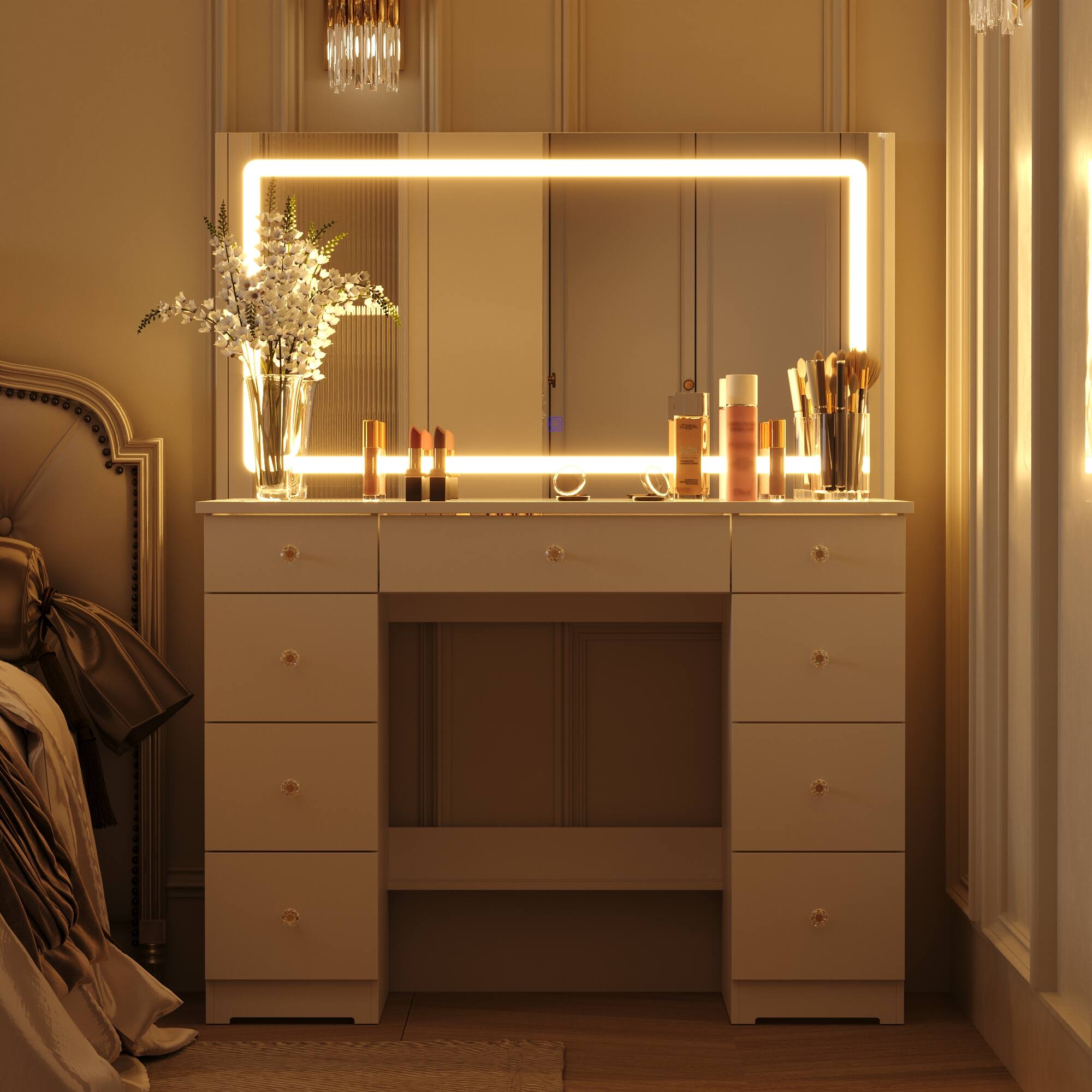 Alt View 1. Famapy - Large  3 - Color Lighting LED Vanity Desk with Oversized Illuminated Mirror Ample Storage Drawers & Crystal Knobs - White.
