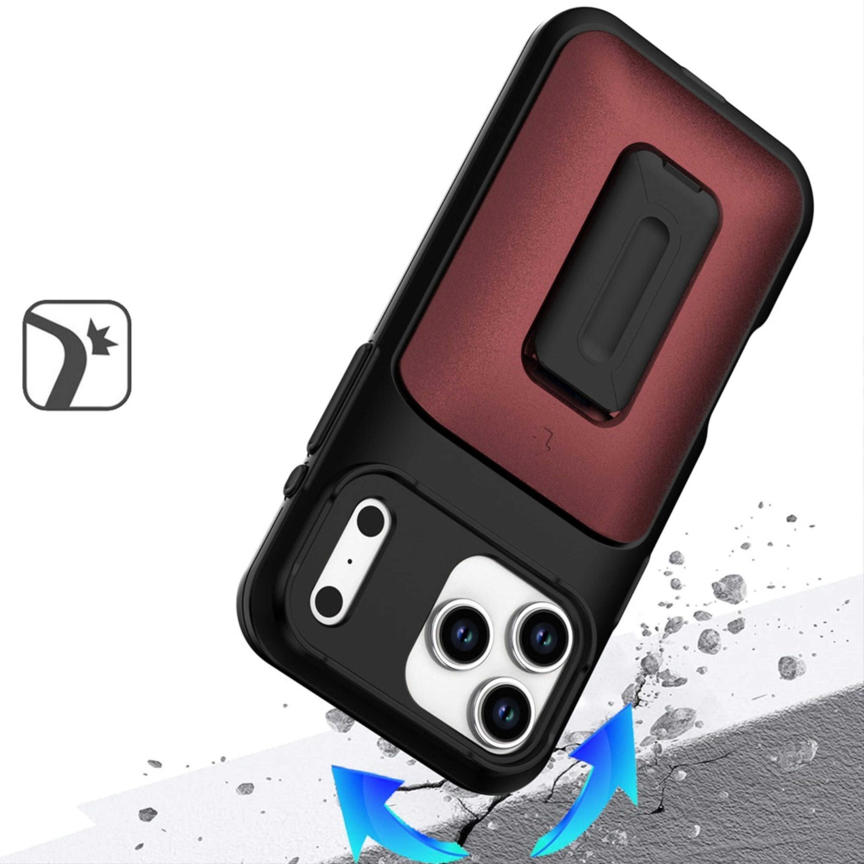 Angle. Kitcheniva - Matte Finish Phone Case With Card Holder Kickstand Strap Tempered Glass For iPhone 17 Pro Max Black Red - Black Red.