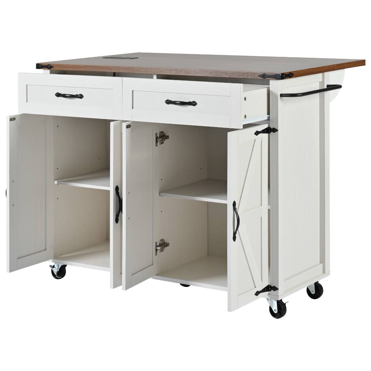 Alt View 7. Loheer - Loheer 53.5" Farmhouse Kitchen Island with Drop Leaf, Rolling Kitchen Cart with Power Outlet, White - White.