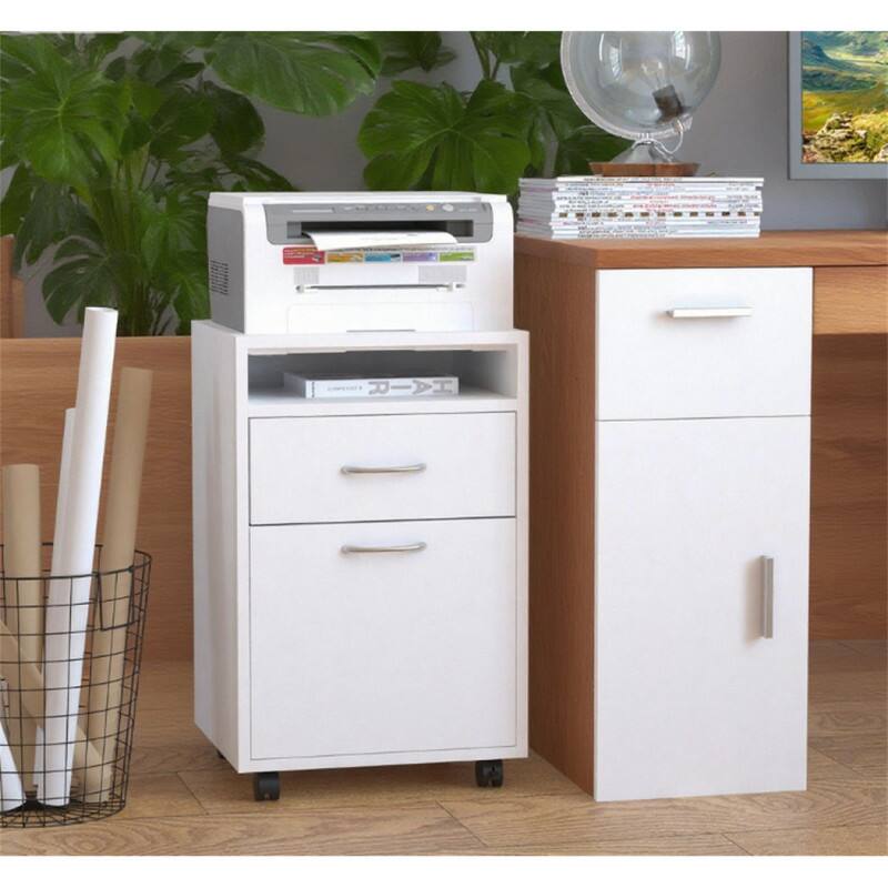 Angle. HTUTWOO - 13.8"W Mobile File Storage Cabinet with Drawer - Metal Printer Stand on Wheels, Lockable Casters, Under Desk Organizer - White.
