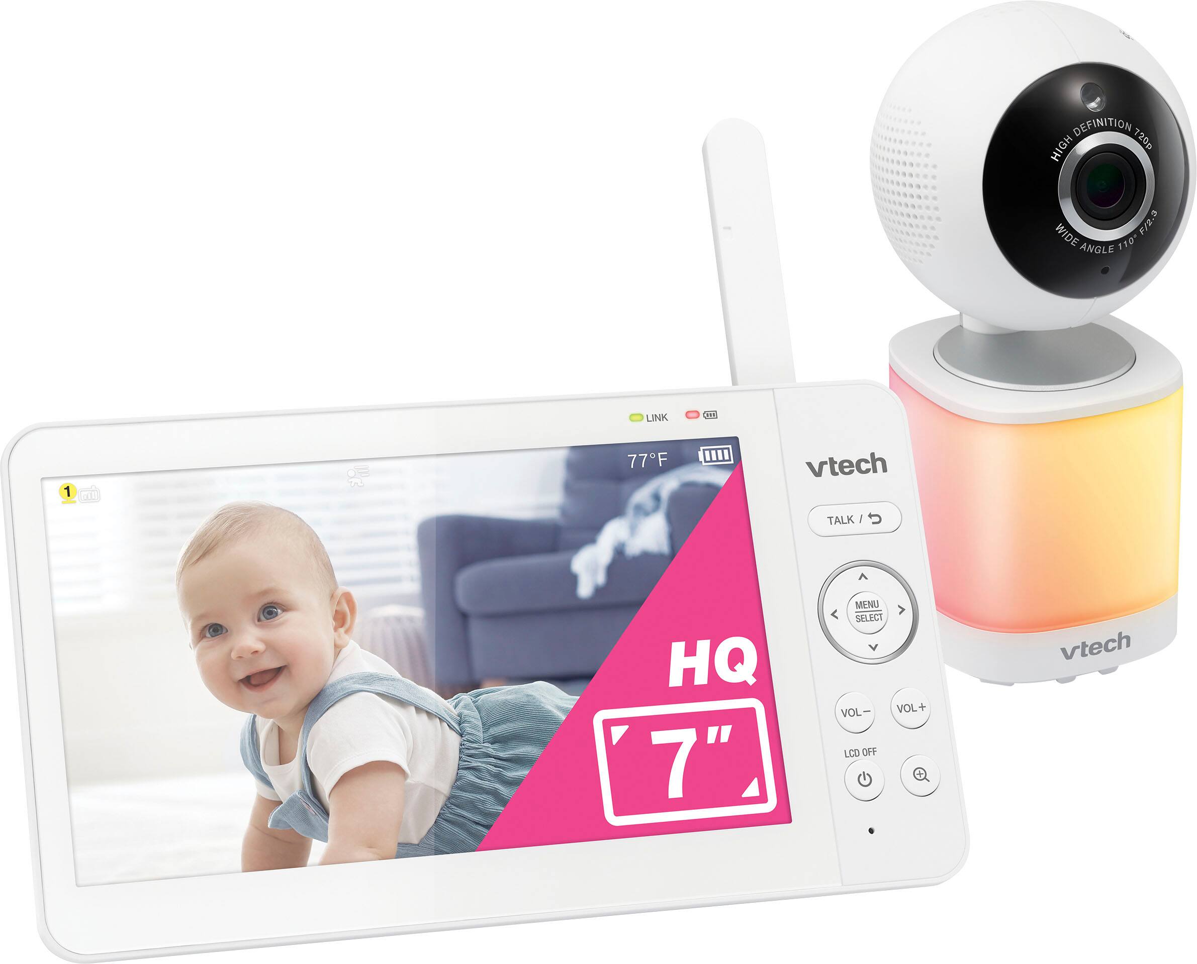 The text on the image reads: "Definition High 720 Wide F22.3 Angle 110 Link 0n 1 77F . vtech Talk 1 HQ 7" Menu Select Vol- Vol+ LCO OFF vtech."