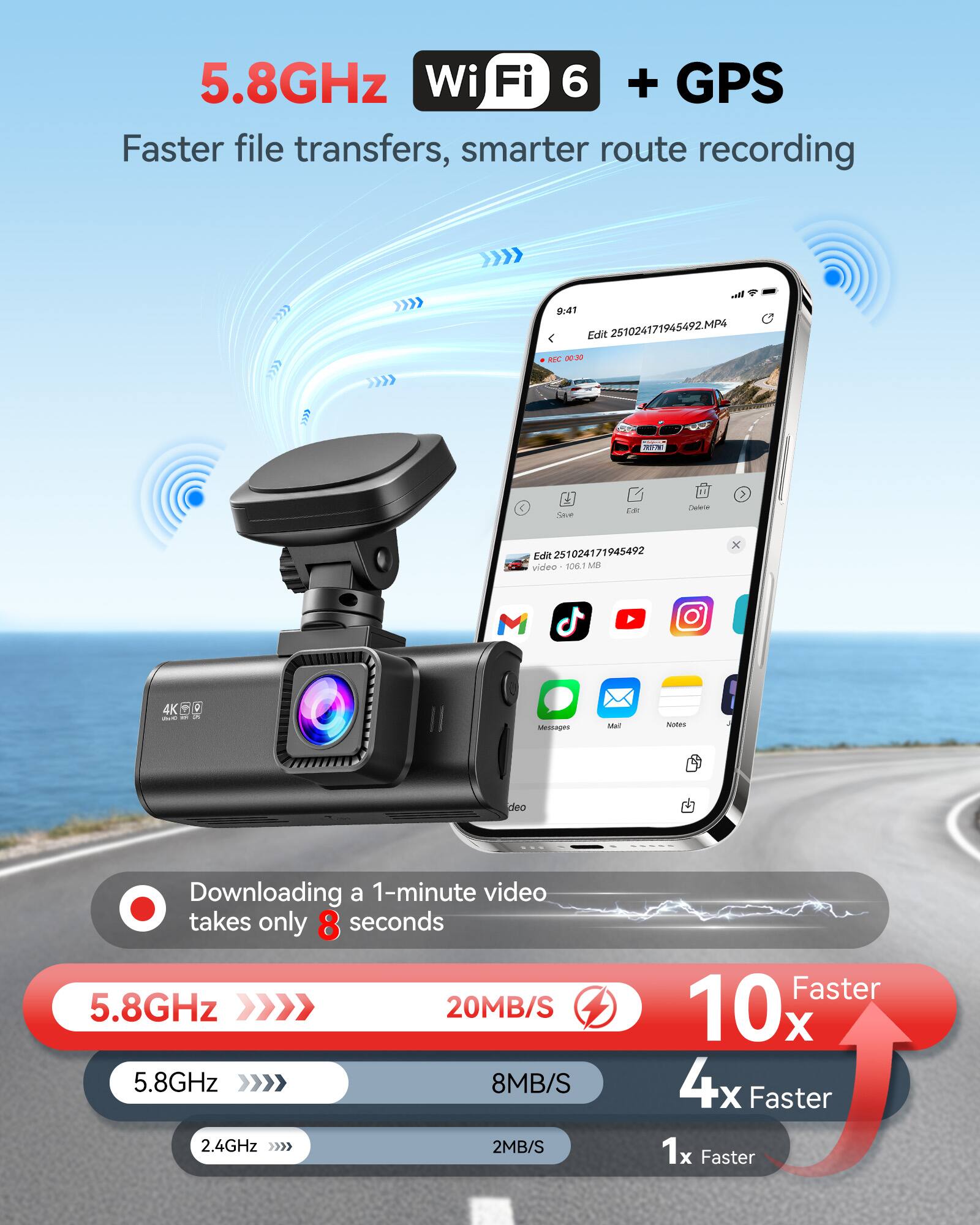 5.8GHz Wi-Fi 6 + GPS  
Faster file transfers, smarter route recording  

9:41  
Edit 251024171945492.MP4  
REC 00:30  
Save  
Edit 251024171945492  
video - 108.1 MB  

Downloading a 1-minute video takes only seconds  

5.8GHz 20MB/S  
5.8GHz 8MB/S  
2.4GHz 2MB/S  

10x Faster  
4x Faster  
1x Faster