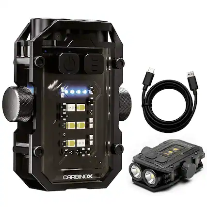 Front. Carbinox - Carbinox Flashlight Mini, 300 Lumens, LED+COB, Dual Switches, 7 Modes, USB-C Fast Charging, Cap Clip, Red/Blue Warning - Black.
