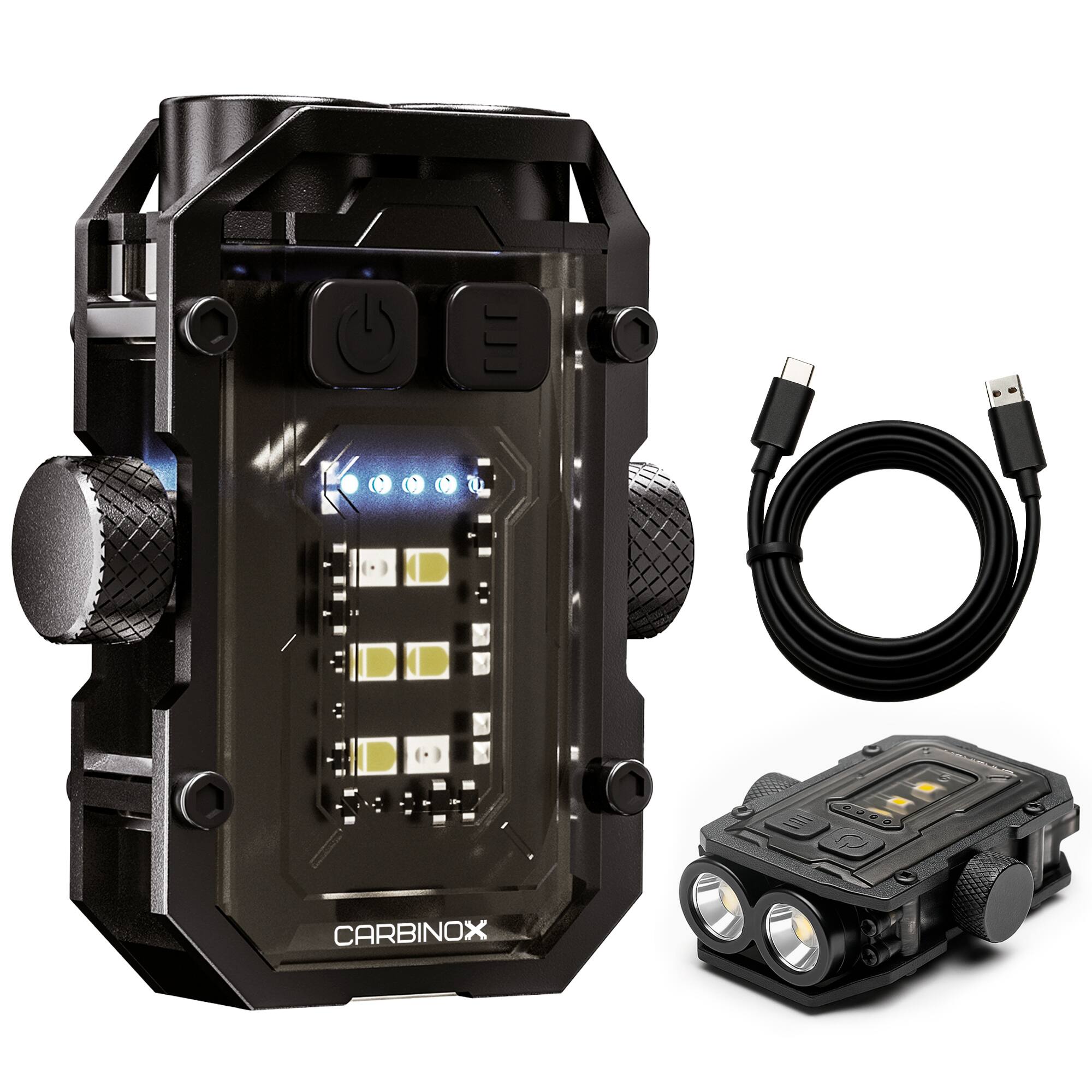 Front. Carbinox - Carbinox Flashlight Mini, 300 Lumens, LED+COB, Dual Switches, 7 Modes, USB-C Fast Charging, Cap Clip, Red/Blue Warning - Black.