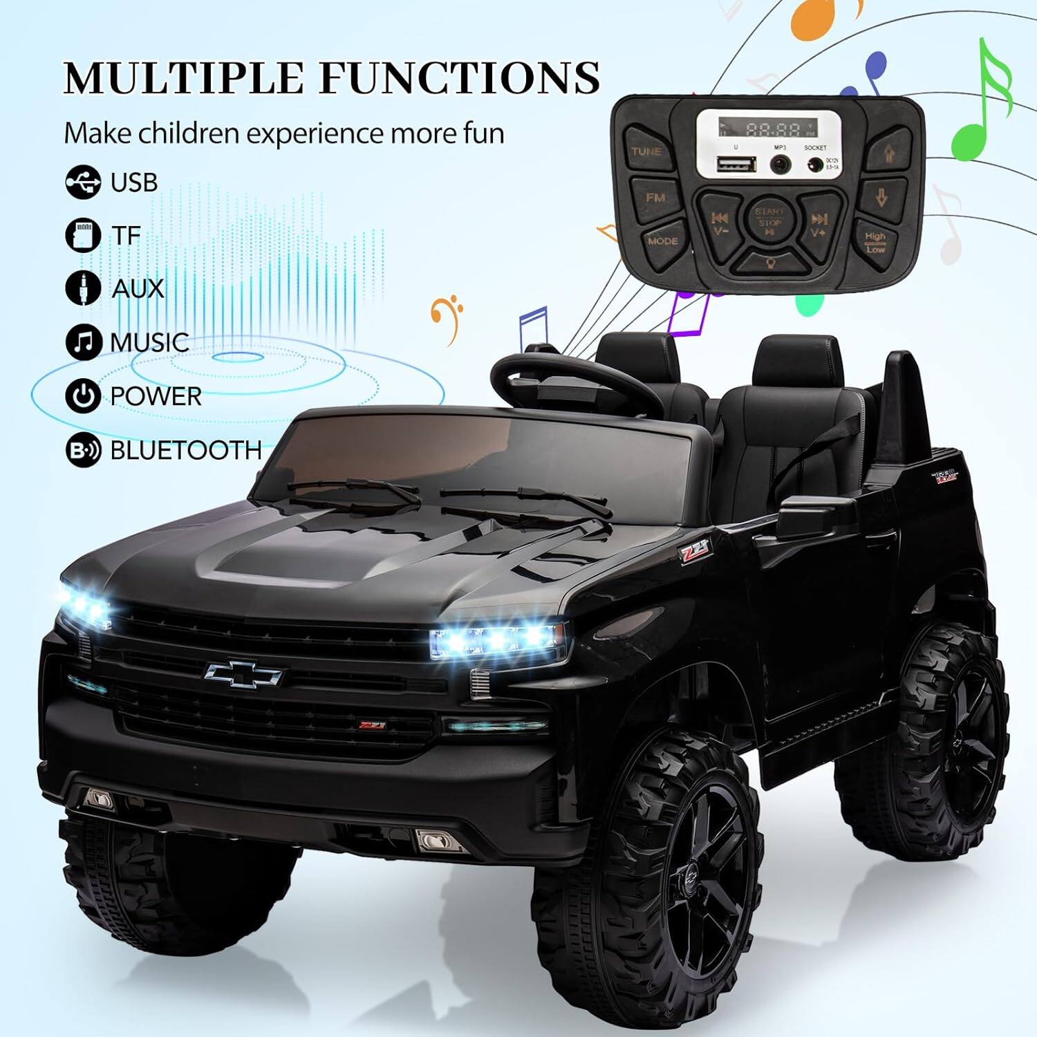 MULTIPLE FUNCTIONS  
Make children experience more fun  

- USB  
- TF  
- AUX  
- MUSIC  
- POWER  
- BLUETOOTH  

TUNE USB FM - TF MODE  
88.88  
SY  
CIARI 144  
V+ High Low  
AUX MUSIC POWER  
B)) BLUETOOTH z2