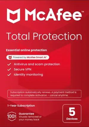 McAfee Total Protection: Essential Online Protection, AI-Powered by McAfee Smart AI, Antivirus and Scam Protection, Secure VPN, Identity Monitoring, Subscription Automatically Renews. A Payment Method is Required to Complete Activation - Cancel Anytime. 1-Year Subscription Guarantee, 100% Viruses Removed or Your Money Back, 5 Devices.