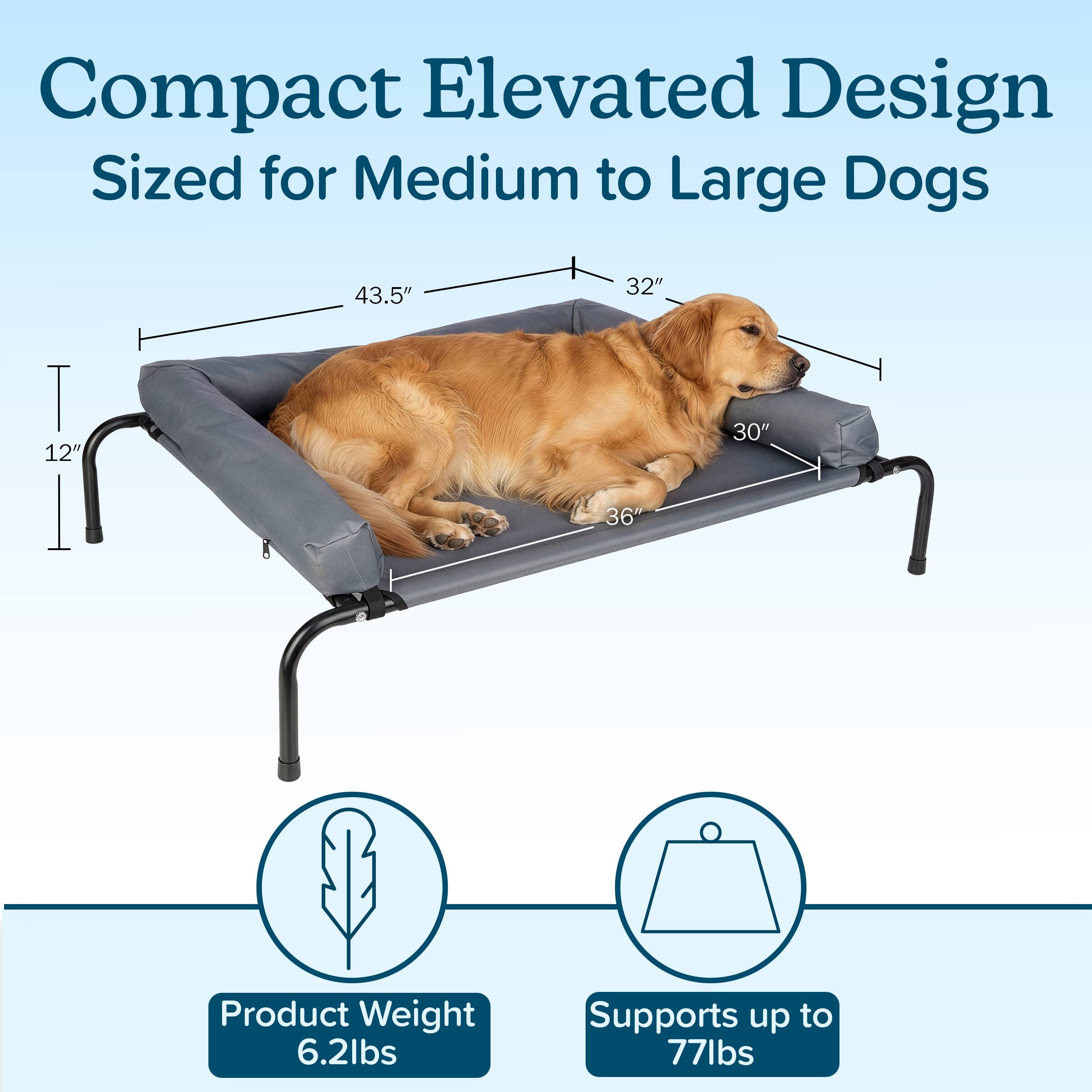 Compact Elevated Design Sized for Medium to Large Dogs

43.5"  
32"  
12"  
30"  
36"  

Product Weight 6.2lbs  
Supports up to 77lbs