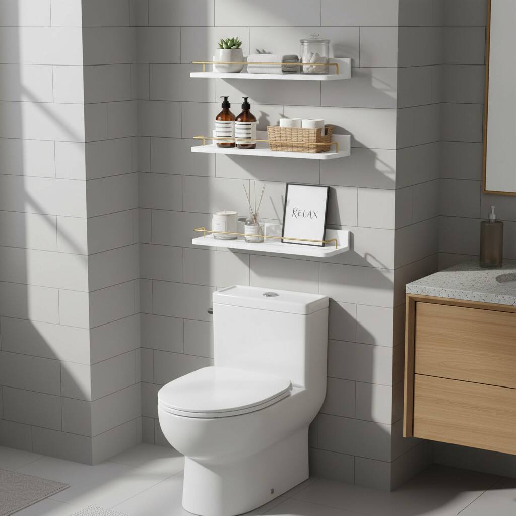 Back. Dazzed Corner - Floating Shelves Wall Decor Set of 3, Bathroom Shelves Over Toilet with Guard Rail - White Gold.