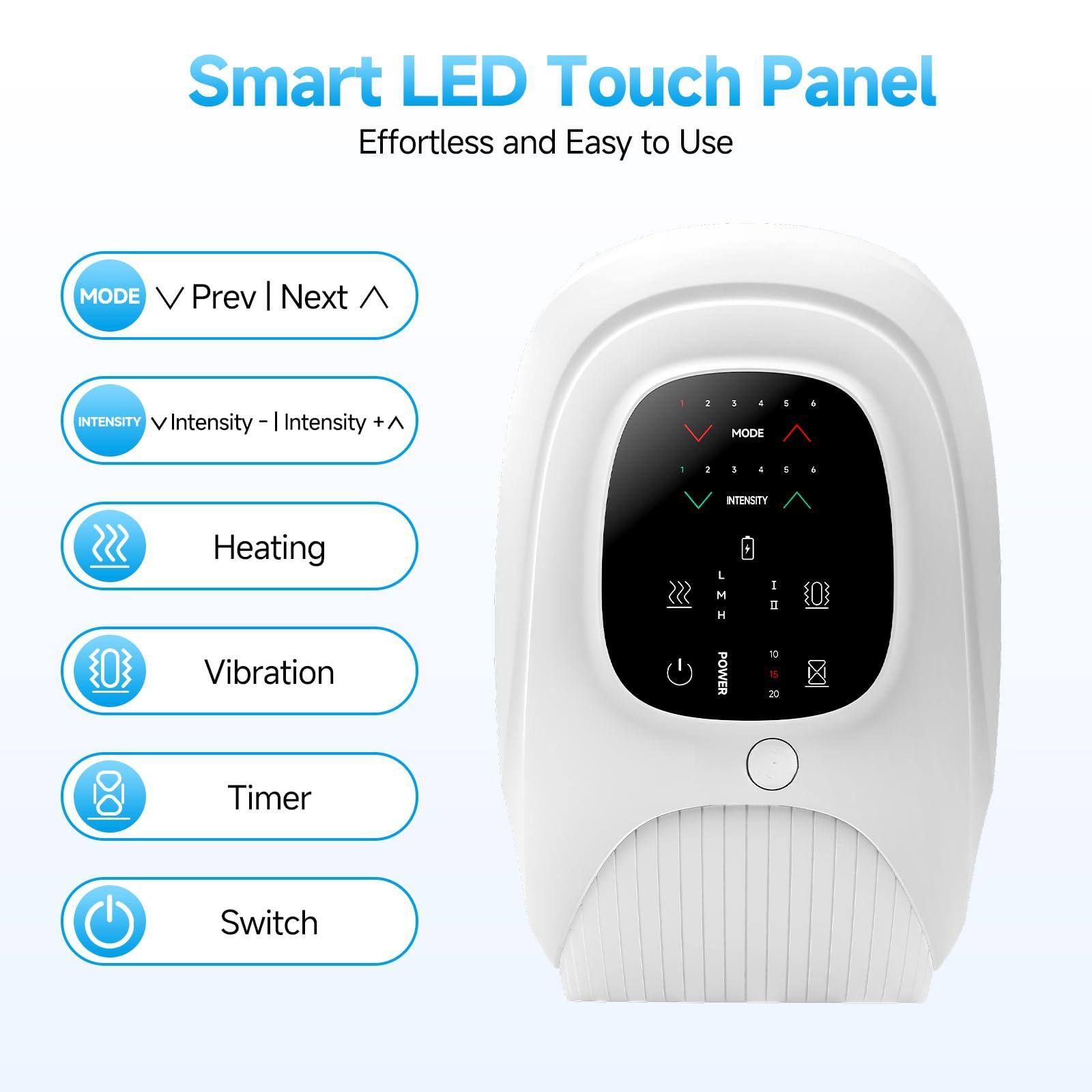 Smart LED Touch Panel  
Effortless and Easy to Use  

- MODE  
  ▼ Prev | Next ▲  

- INTENSITY  
  ▼ Intensity - | Intensity + ▲  

- Heating  

- Vibration  

- Timer  

- Switch  

- POWER  
  10 15 20