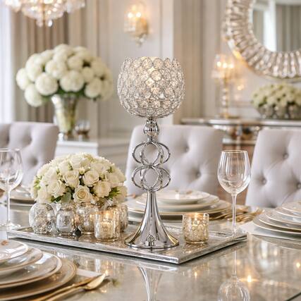 Front. FC Design - 15"H Polished Pedestal Silver Base w/ Interlocking Ring Stem Candle Holder - Multicolor.