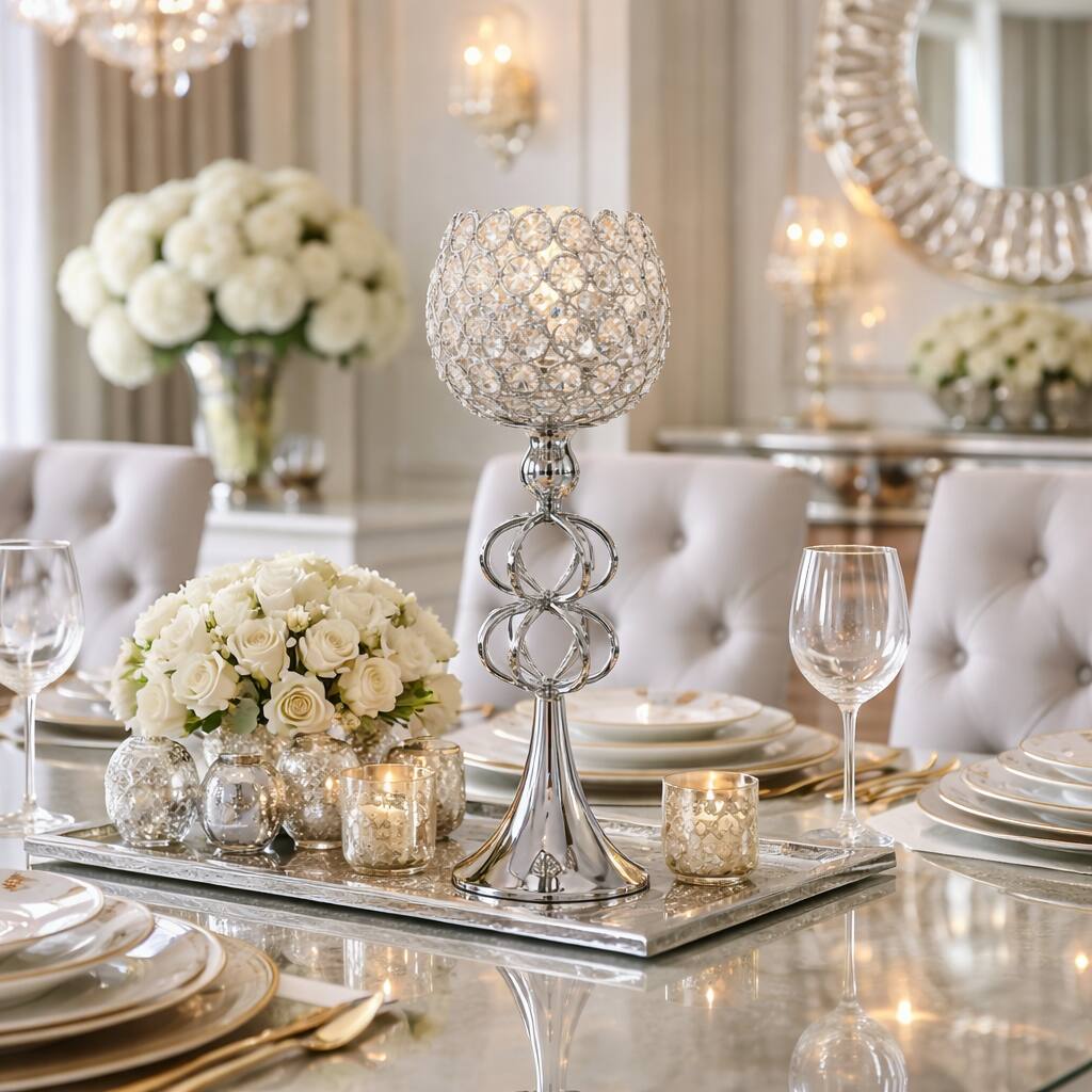 Front. FC Design - 15"H Polished Pedestal Silver Base w/ Interlocking Ring Stem Candle Holder - Multicolor.