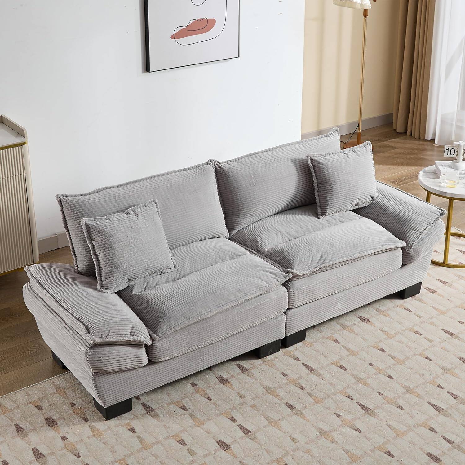 Alt View 2. Trinkets Crazed - 84" Cloud Corduroy Loveseat Sofa, Modern Comfy Upholstered 2 Seater Sofa Deep Seat Sofa with 2 Throw Pillows - light gray.