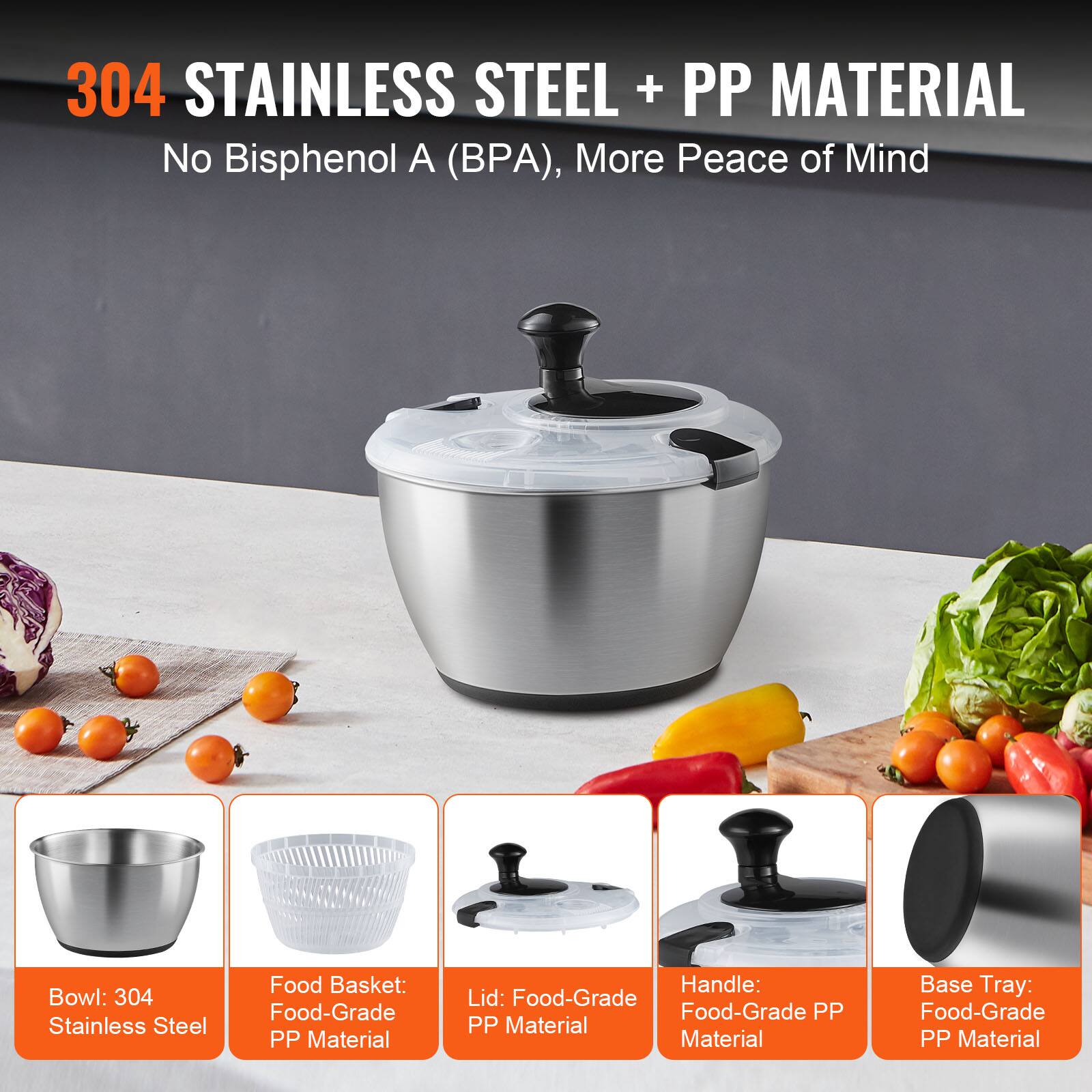 304 STAINLESS STEEL + PP MATERIAL  
No Bisphenol A (BPA), More Peace of Mind  

Bowl: 304 Stainless Steel  
Food Basket: Food-Grade PP Material  
Lid: Food-Grade PP Material  
Handle: Food-Grade PP Material  
Base Tray: Food-Grade PP Material