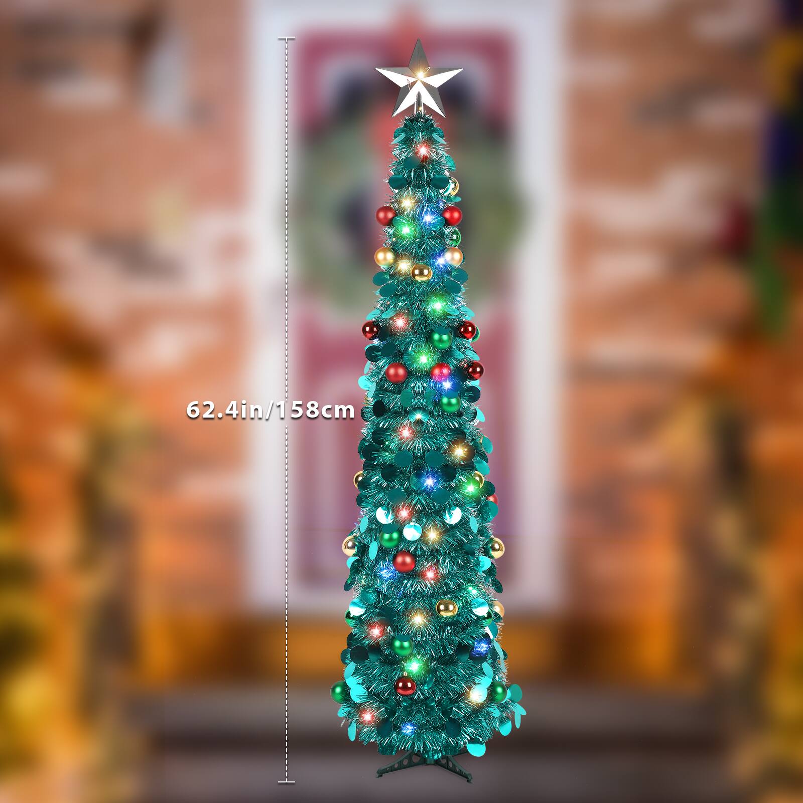 Angle. Oumilen - 5FT Pop‑Up Tinsel Christmas Tree – Pre‑Lit 4‑Color LED Pencil Tree with Star Topper & Ornament Balls - Green.
