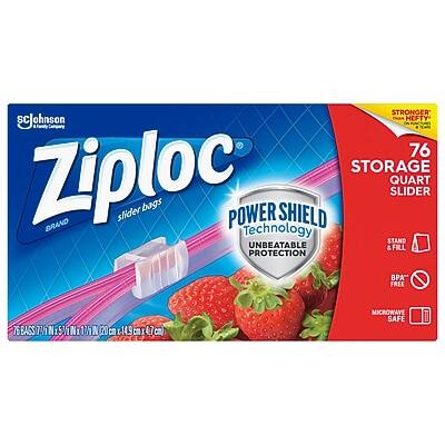 Sure, here is the corrected and grouped text:

**Brand:** scJohnson  
**Product:** Ziploc  
**Type:** Slider Bags  
**Quantity:** 76  
**Size:** 1 Quart  
**Features:**  
- Power Shield Technology  
- Unbeatable Protection  
- Microwave Safe  
- BPA Free  
- Stronger Hefty Storage  
- Stand Up Design  
**Dimensions:** 14.9 cm x 4.7 cm  
**Microwave Safe:** Yes