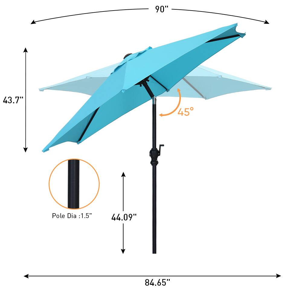 - 90"
- 43.7"
- 44.09"
- 84.65"
- Pole Dia: 1.5"