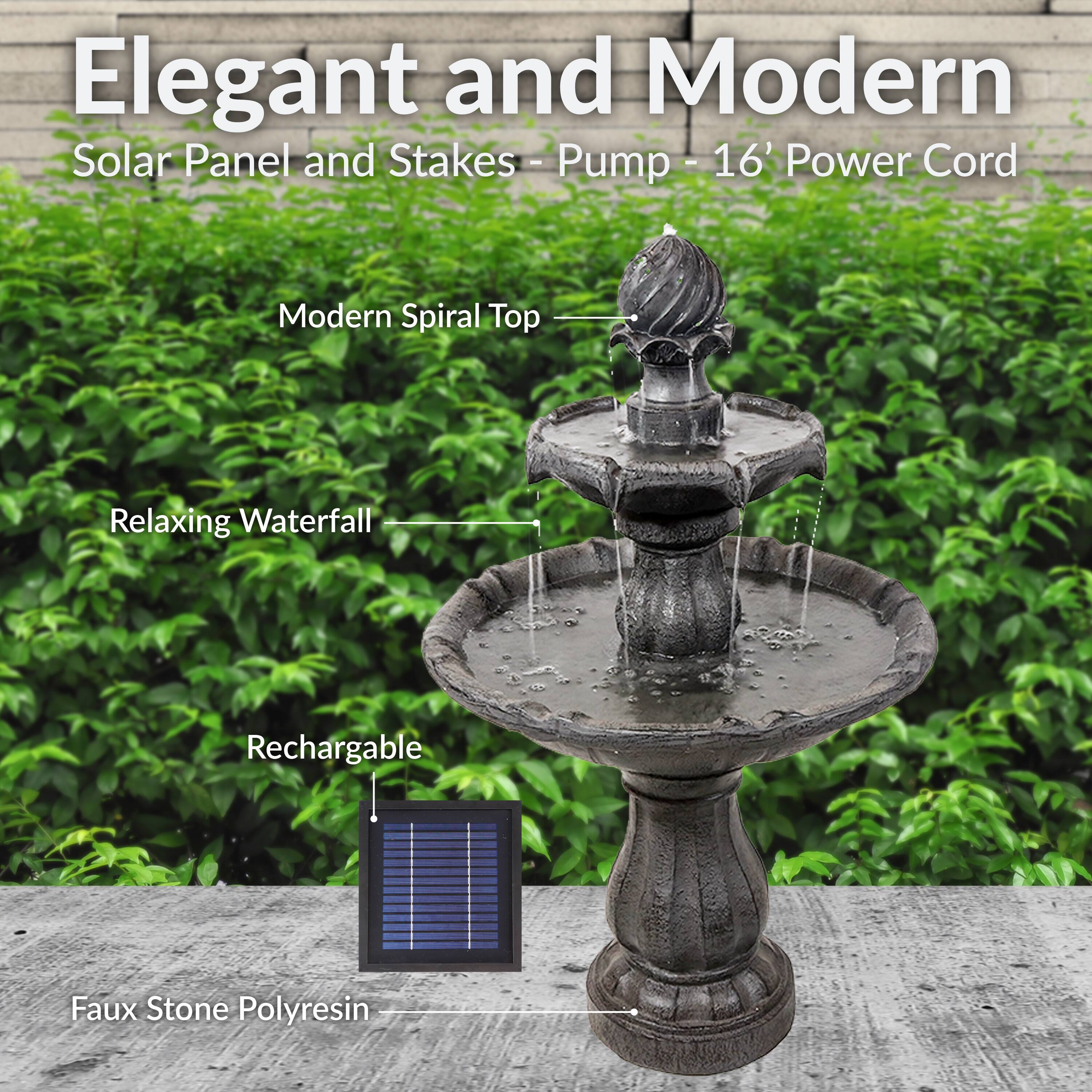 Elegant and Modern Solar Panel and Stakes - Pump - 16' Power Cord

Modern Spiral Top

Relaxing Waterfall

Rechargeable

Faux Stone Polyresin