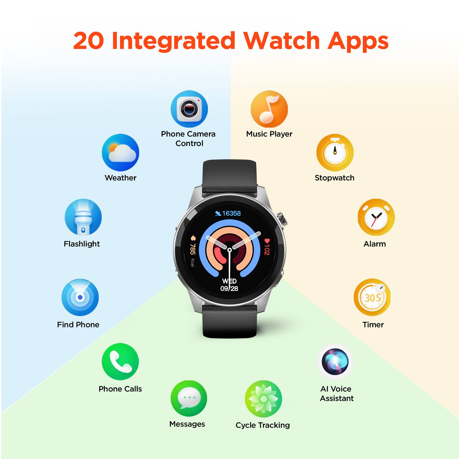 20 Integrated Watch Apps

- Phone Camera Control
- Music Player
- Weather
- Stopwatch
- Flashlight
- Alarm
- Find Phone
- Timer
- Phone Calls
- Messages
- AI Voice Assistant
- Cycle Tracking