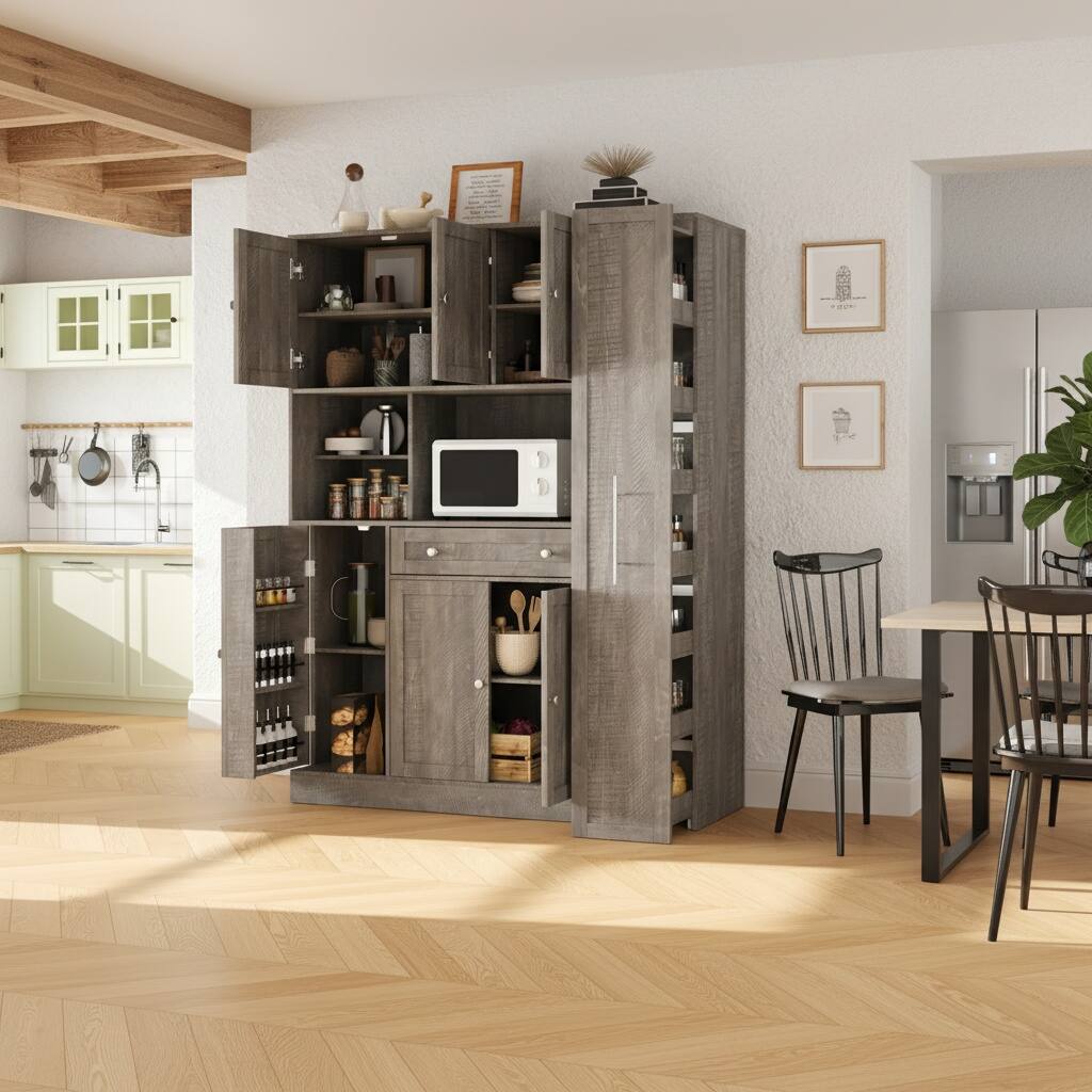 Left. Forest'nSky - 70" Tall Buffet with Hutch, Large Kitchen Pantry with Pull-Out Side Cabinet & Door Shelves, Brown - Brown.