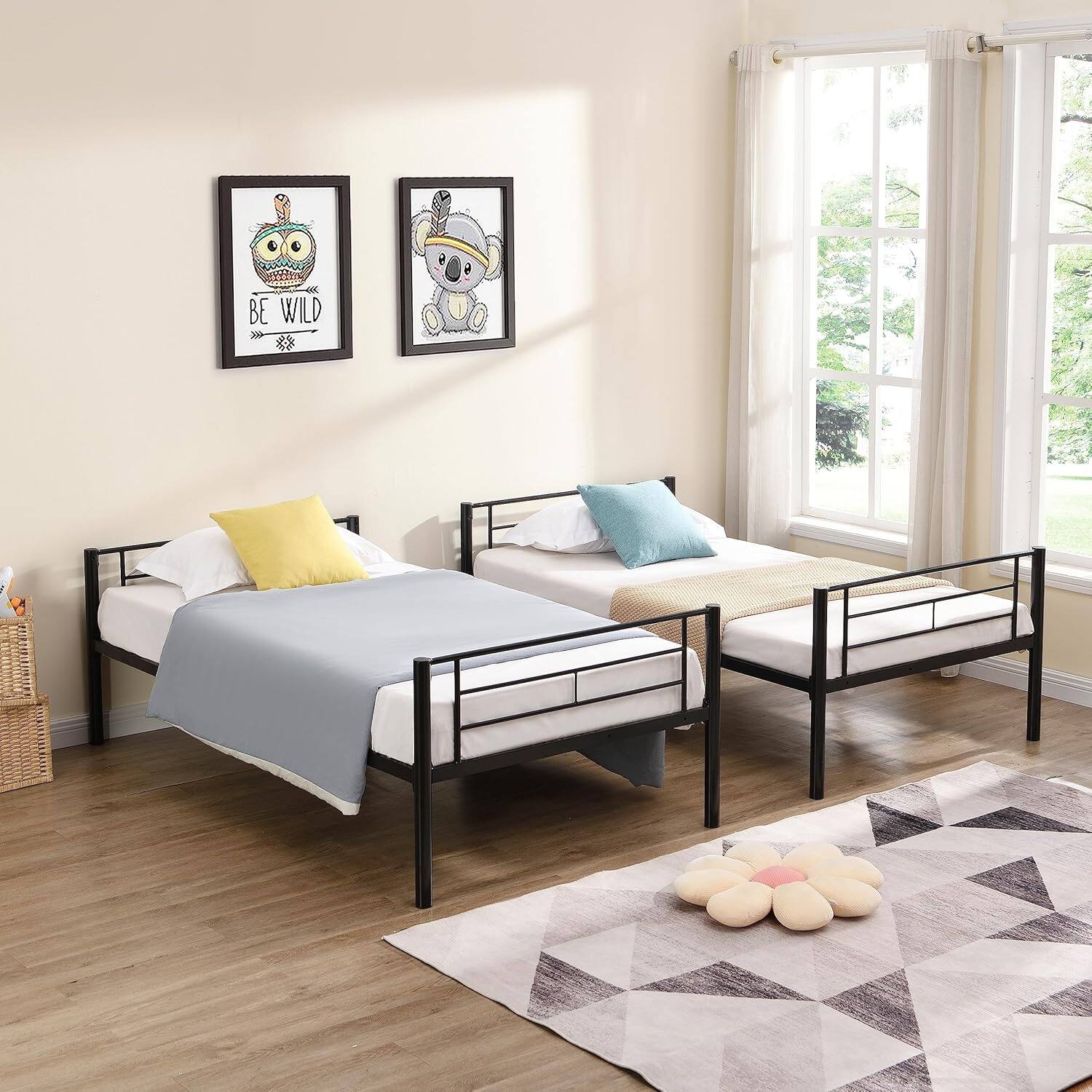 Alt View 2. Trinkets Crazed - Twin Over Twin Size Metal Detachable Bunk Bed Frame with 2 Side Ladder and Guardrail - black.