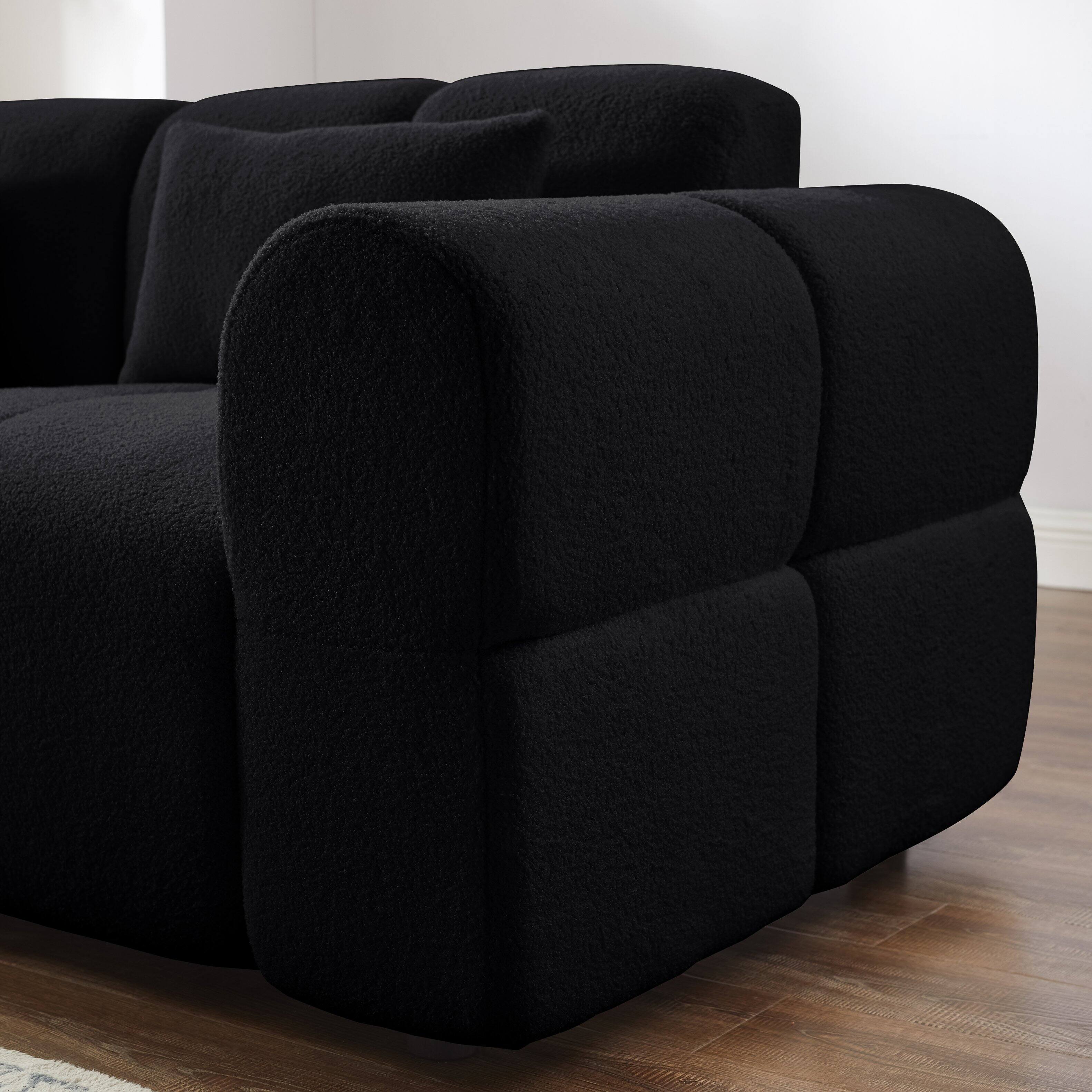 Left. Electra Tech Xpress - 80" Modern Sofa Couch, Comfy Deep Seat Teddy Cloud Sofa, Oversized Loveseat 3-Seater Boucle Couch - Black.