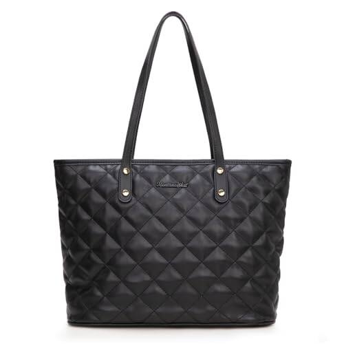 Front. DORLUKFU - Quilted Tote Bag for Women Large Shoulder Bag Fashion Handbags with Top Zipper - Angel Quilted Black.