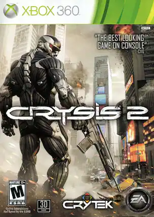 XBOX 360 NTSC
"THE BEST LOOKING GAME ON CONSOLE" - CVG 2023
CRYSTIS 2
MATURE 17+
CONTENT RATED BY ESRB
Online Interactions Not Rated by the ESRB
3D COMPATIBLE GAME
CRYTEK
EA - E10+ (Everyone 10+)
