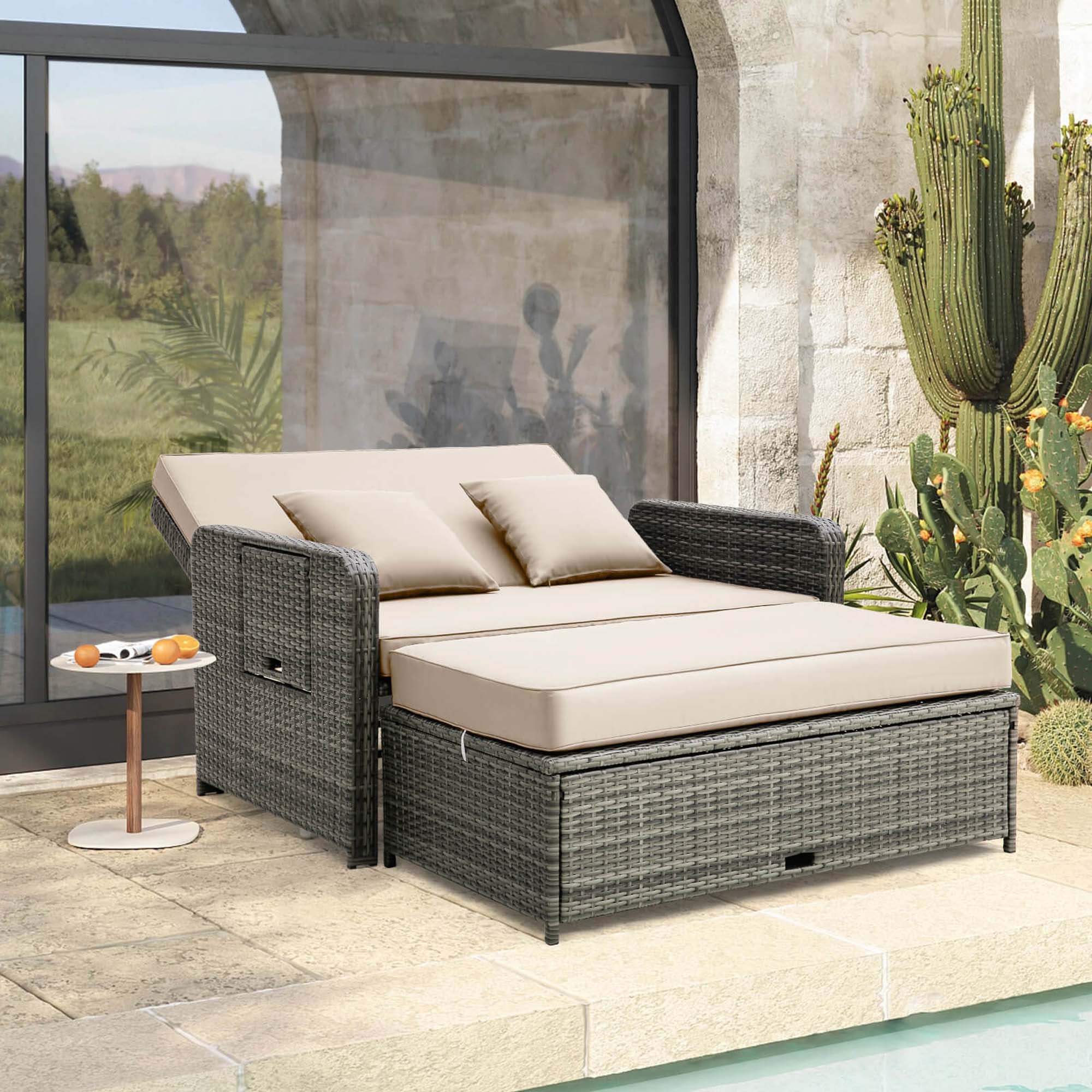 Alt View 3. Costway - Wicker Loveseat Sofa Set Patio Rattan Daybed with Ottoman & Retractable Side Tray - Brown + Mix Gray.