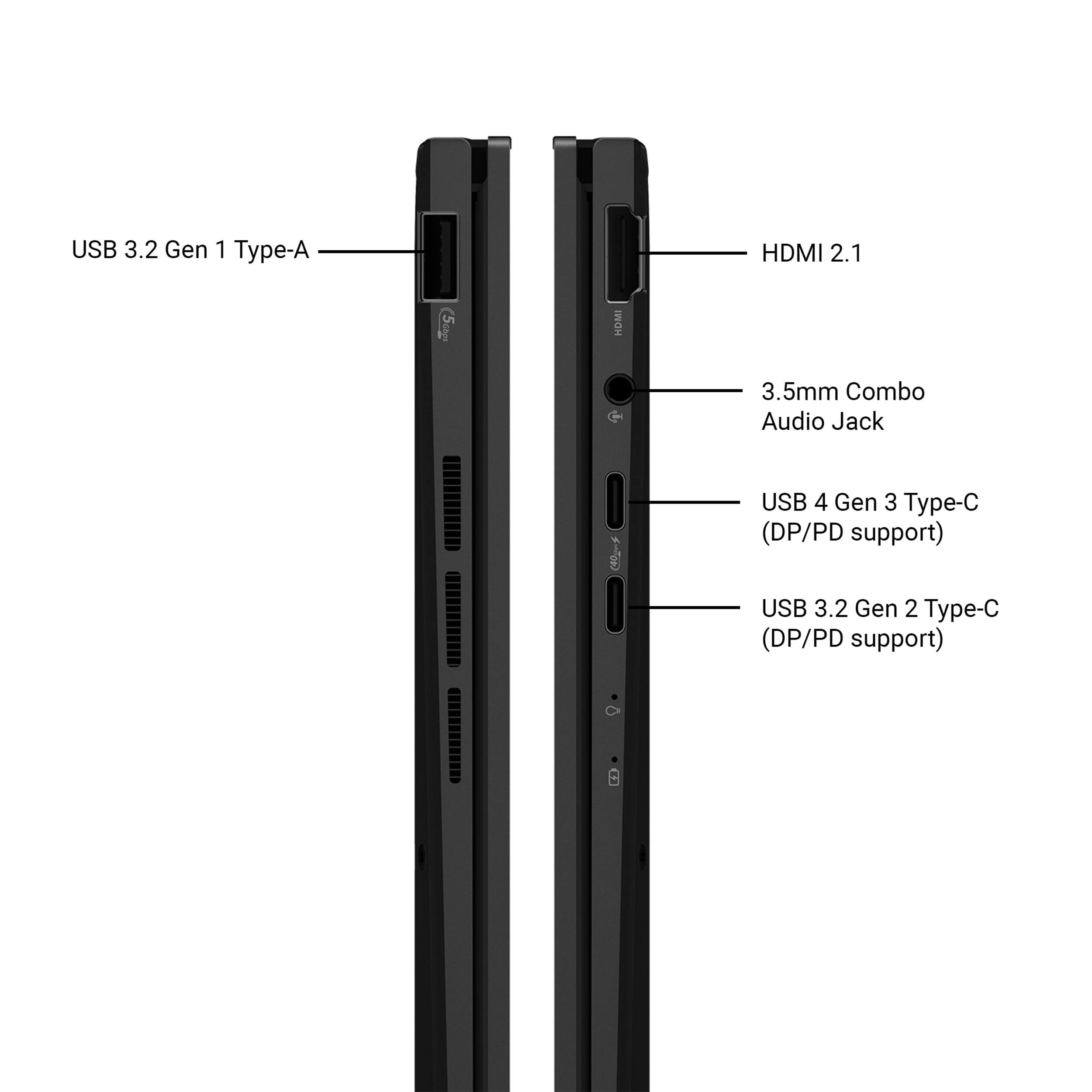 USB 3.2 Gen 1 Type-A  
HDMI 2.1  
3.5mm Combo Audio Jack  
USB 4 Gen 3 Type-C (DP/PD support)  
USB 3.2 Gen 2 Type-C (DP/PD support)