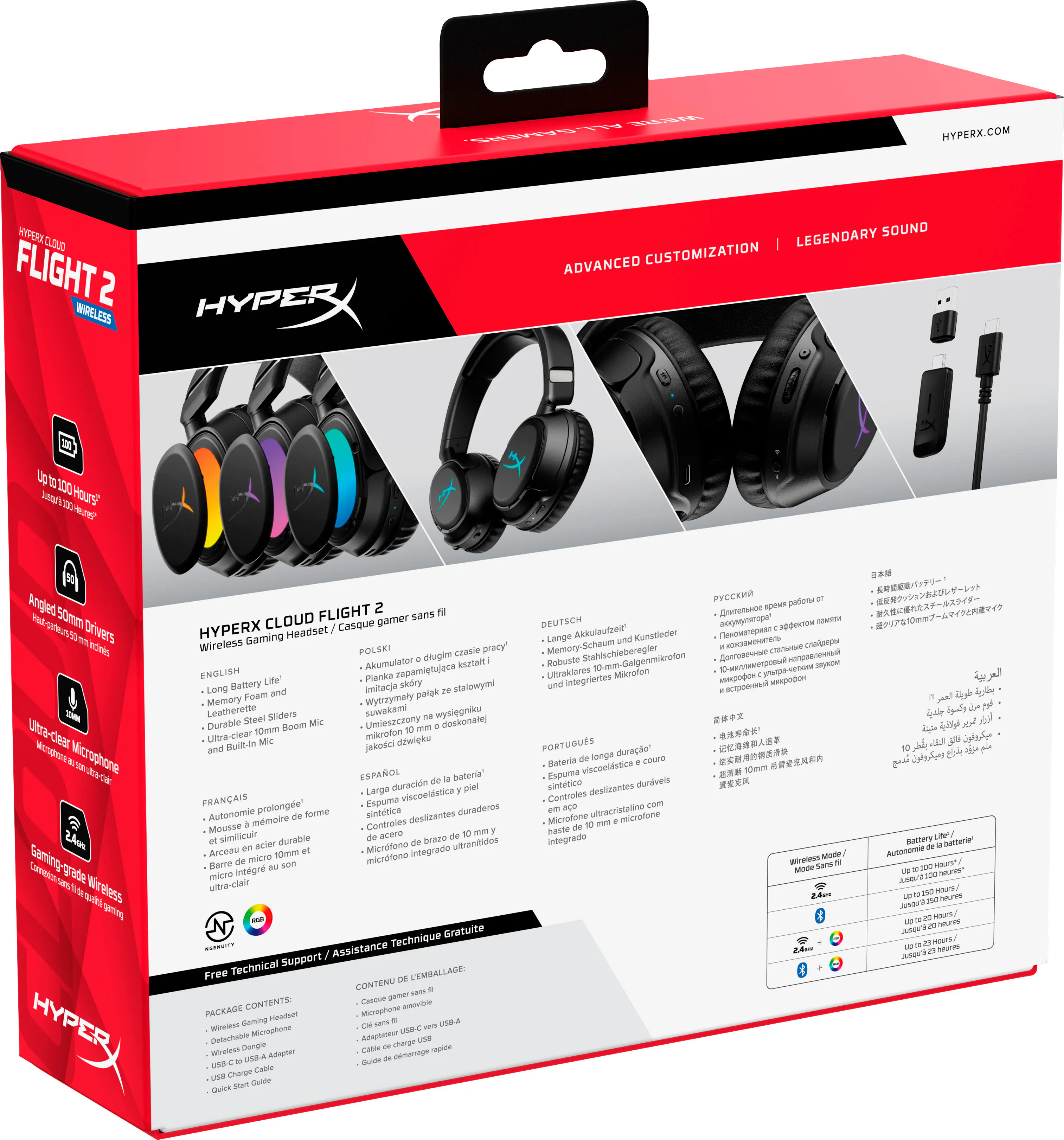 Sure, here is the corrected and grouped text from the image:

---

**HYPERX.COM**

**HYPERX CLOUD FLIGHT 2 WIRELESS**

**ADVANCED CUSTOMIZATION | LEGENDARY SOUND**

**Up to 100 Hours**  
**Auto-Play Pause**

**Angle 50mm Drivers**  
**Ultra-clear Microphone**  
**Gaming-grade Wireless**

**HYPERX CLOUD FLIGHT 2**  
**Wireless Gaming Headset**

**ENGLISH**  
- Long Battery Life  
- Durable Steel Slide Boom Mic  
- Ultra-clear Microphone and Built-in Mic  
- Auto-Play Pause  
- Memory Foam Ear Cushions  
- Gaming-grade Wireless

**POLSKI**  
- Akumulator o dużej pojemności  
- Mikrofon z klawiszami sterującymi  
- Mikrofon z klawiszami sterującymi  
- Mikrofon z klawiszami sterującymi  
- Mikrofon z klawiszami sterującymi  
- Mikrofon z klawiszami sterującymi  
- Mikrofon z klawiszami sterującymi  
- Mikrofon z klawiszami sterującymi  
-