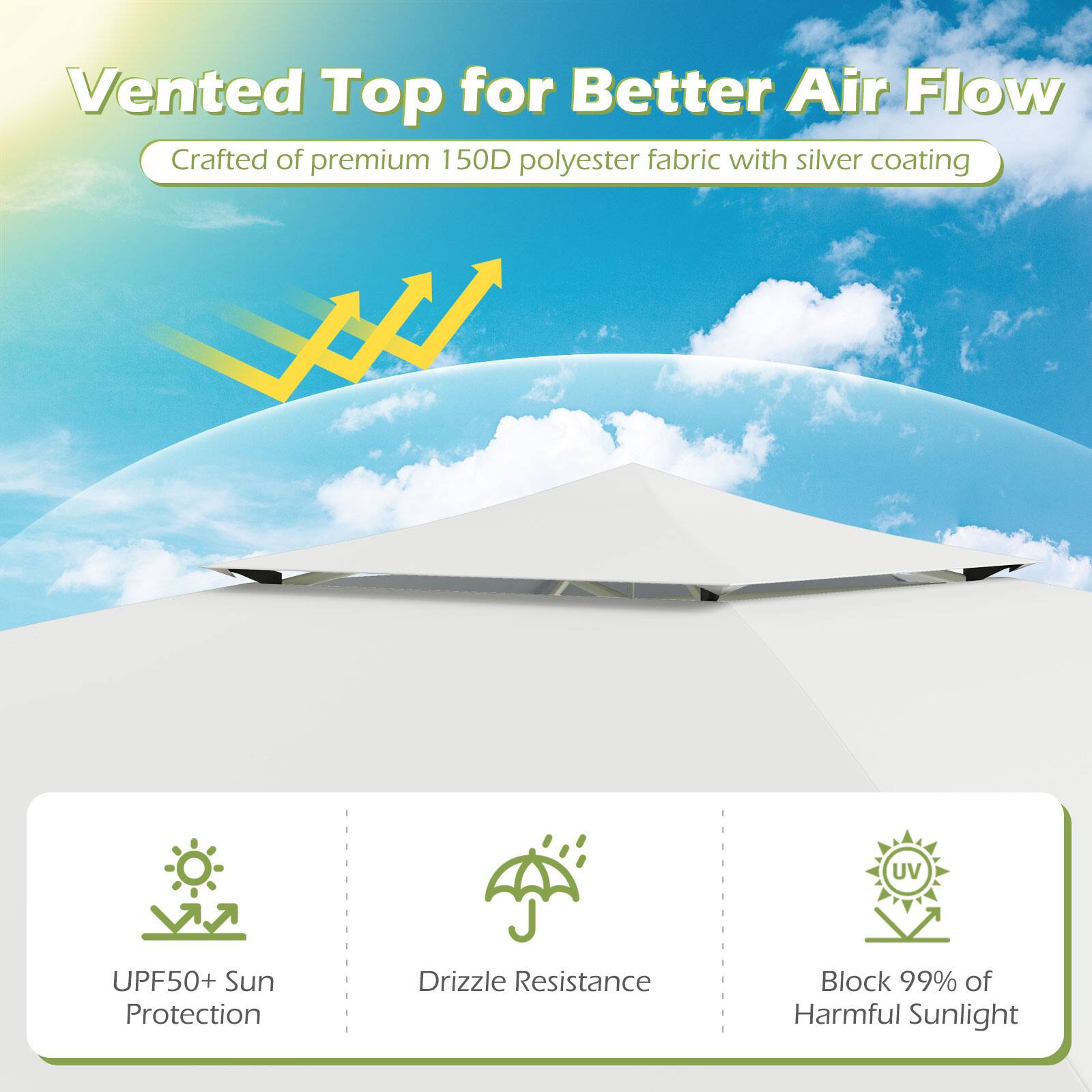 Vented Top for Better Air Flow  
Crafted of premium 150D polyester fabric with silver coating  

- UPF50+ Sun Protection  
- Drizzle Resistance  
- Block 99% of Harmful Sunlight