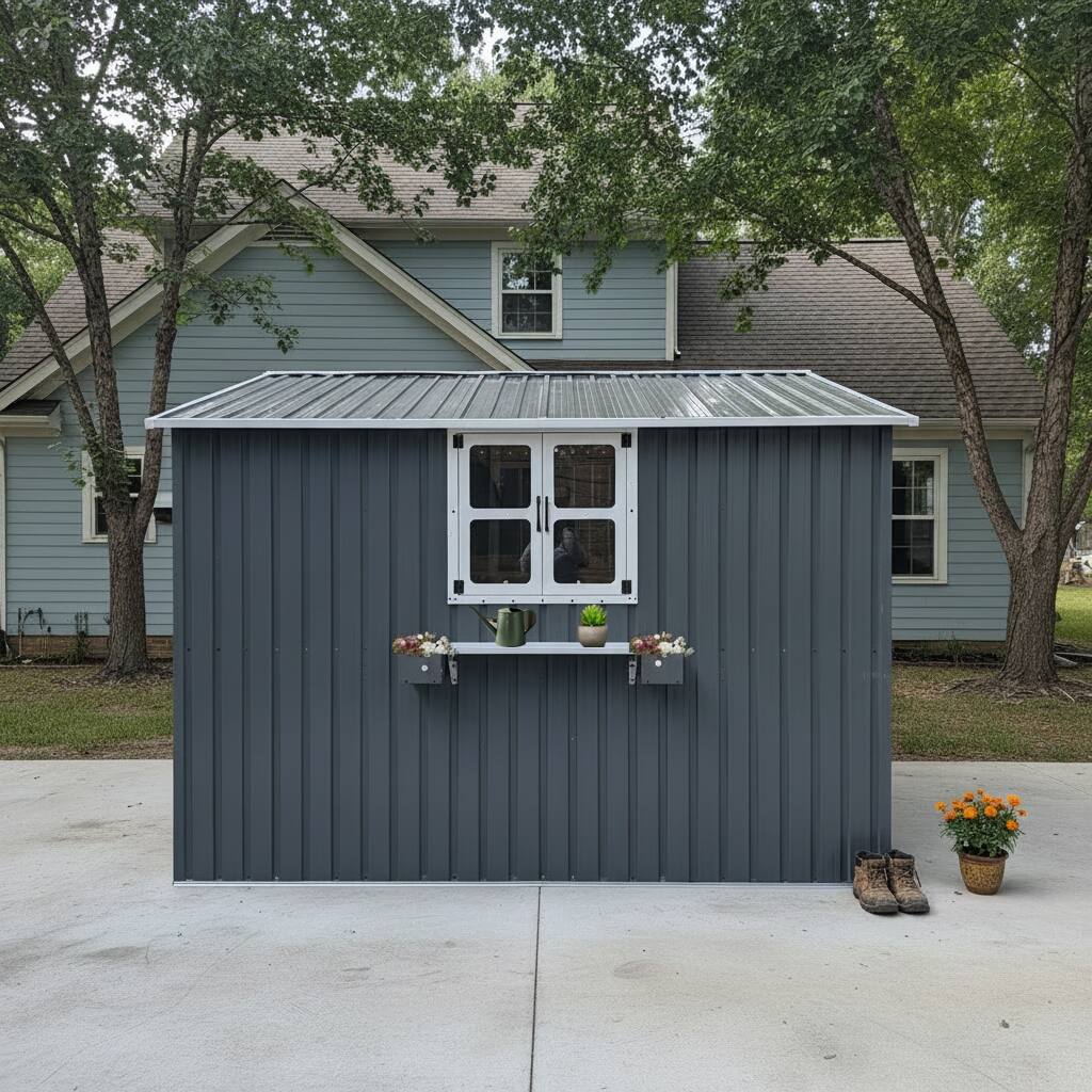 Back. Anysun - 10x8 FT Outdoor Metal Storage Shed with Window & Flower Rack – Lockable Double Doors Tool Shed, Waterproof Weatherproof - Coal Gray.