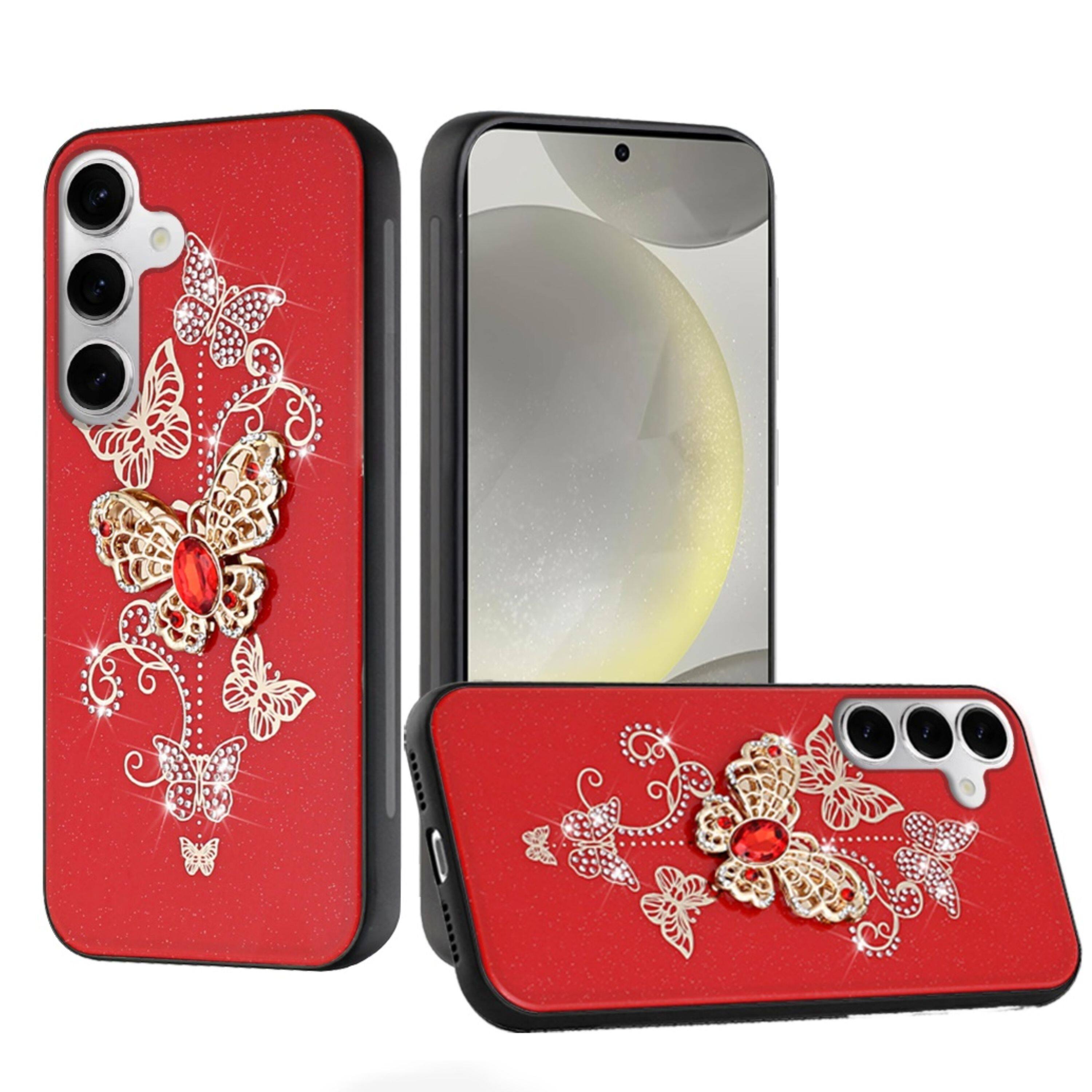 Kitcheniva - Rhinestone Bling Decor Glitter Cover Plus Tempered Glass For Samsung S25/S24 Garden Butterflies - Red price history on PriceWatchPro