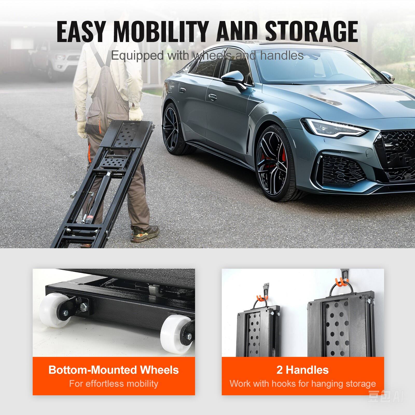 EASY MOBILITY AND STORAGE  
Equipped with wheels and handles  

Bottom-Mounted Wheels  
For effortless mobility  

2 Handles  
Work with hooks for hanging storage