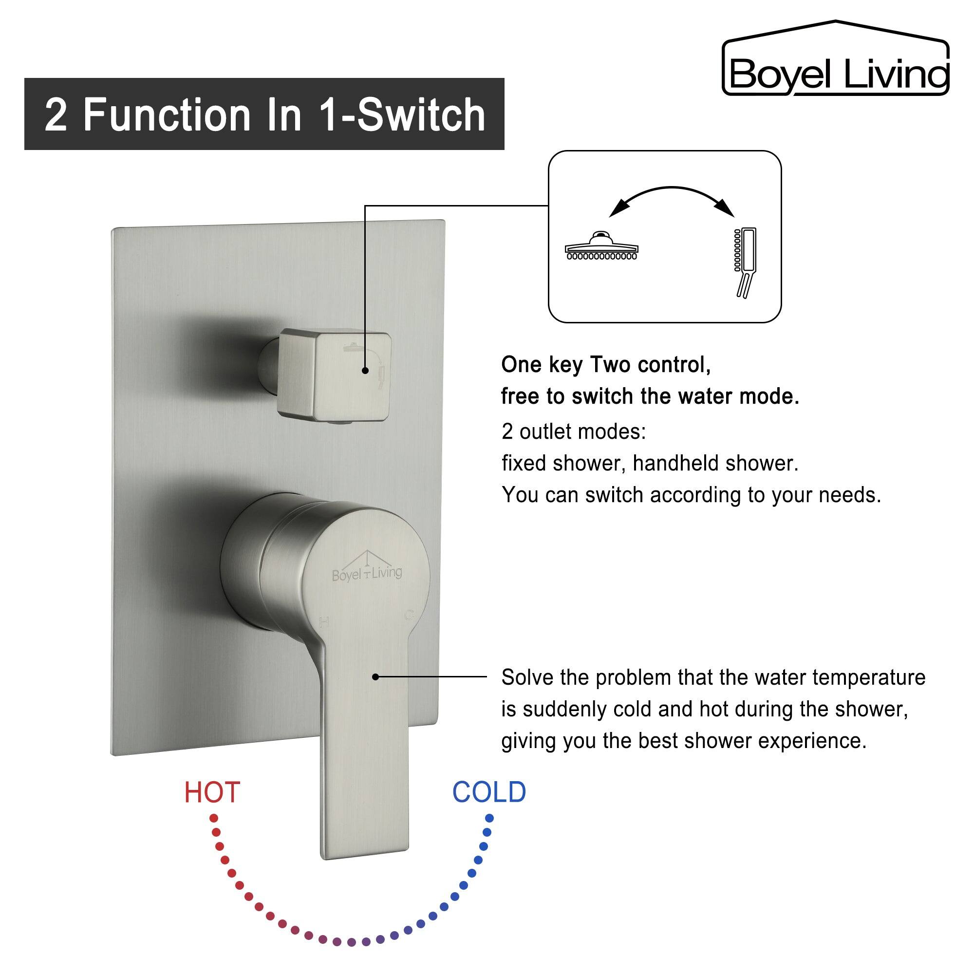 Boyel Living, 2 Function In 1-Switch, One key Two control, free to switch the water mode. 2 outlet modes: fixed shower, handheld shower. You can switch according to your needs. Boyel Living, Solve the problem that the water temperature is suddenly cold and hot during the shower, giving you the best shower experience. HOT COLD