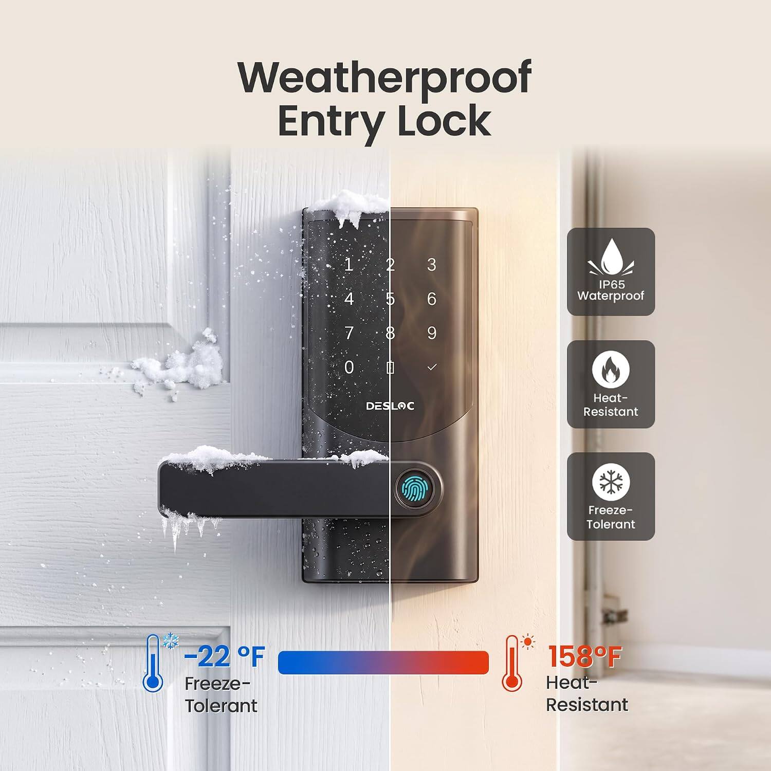 Weatherproof Entry Lock

IP65 Waterproof

Heat-Resistant

Freeze-Tolerant -22°F

Freeze-Tolerant 158°F

Heat-Resistant