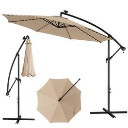 Costway - 10FT Patio Solar-Lighted 112 LED Cantilever Offset Umbrella Crank Tilt Outdoor - Beige
