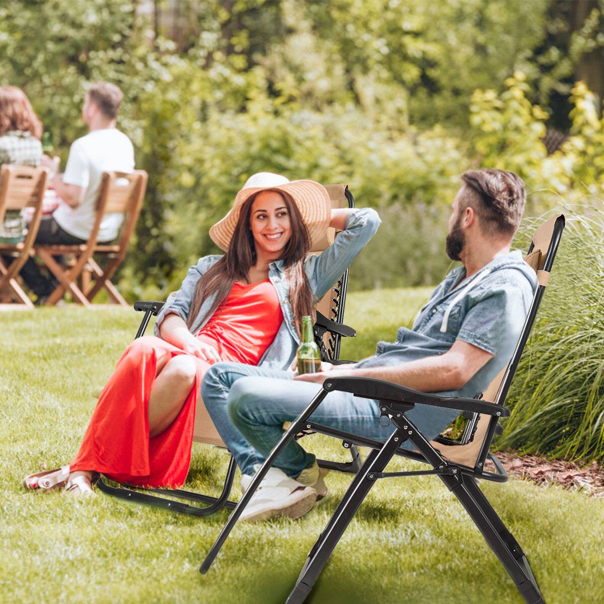 Alt View 1. Costway - Costway 2PC Zero Gravity Chair Oversize Lounge Patio Heavy Duty Folding Recliner - Beige.