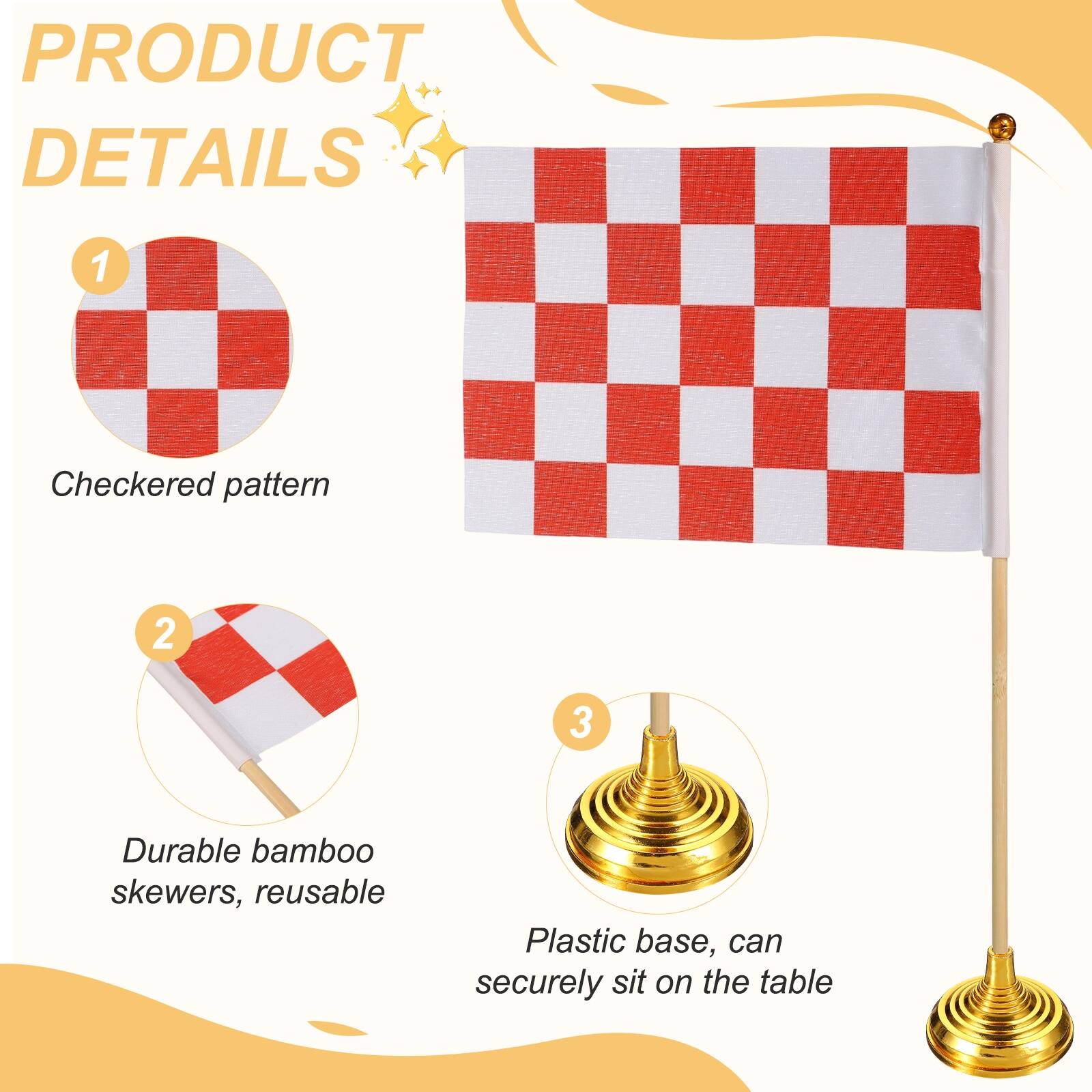 PRODUCT DETAILS

1. Checkered pattern

2. Durable bamboo skewers, reusable

3. Plastic base, can securely sit on the table