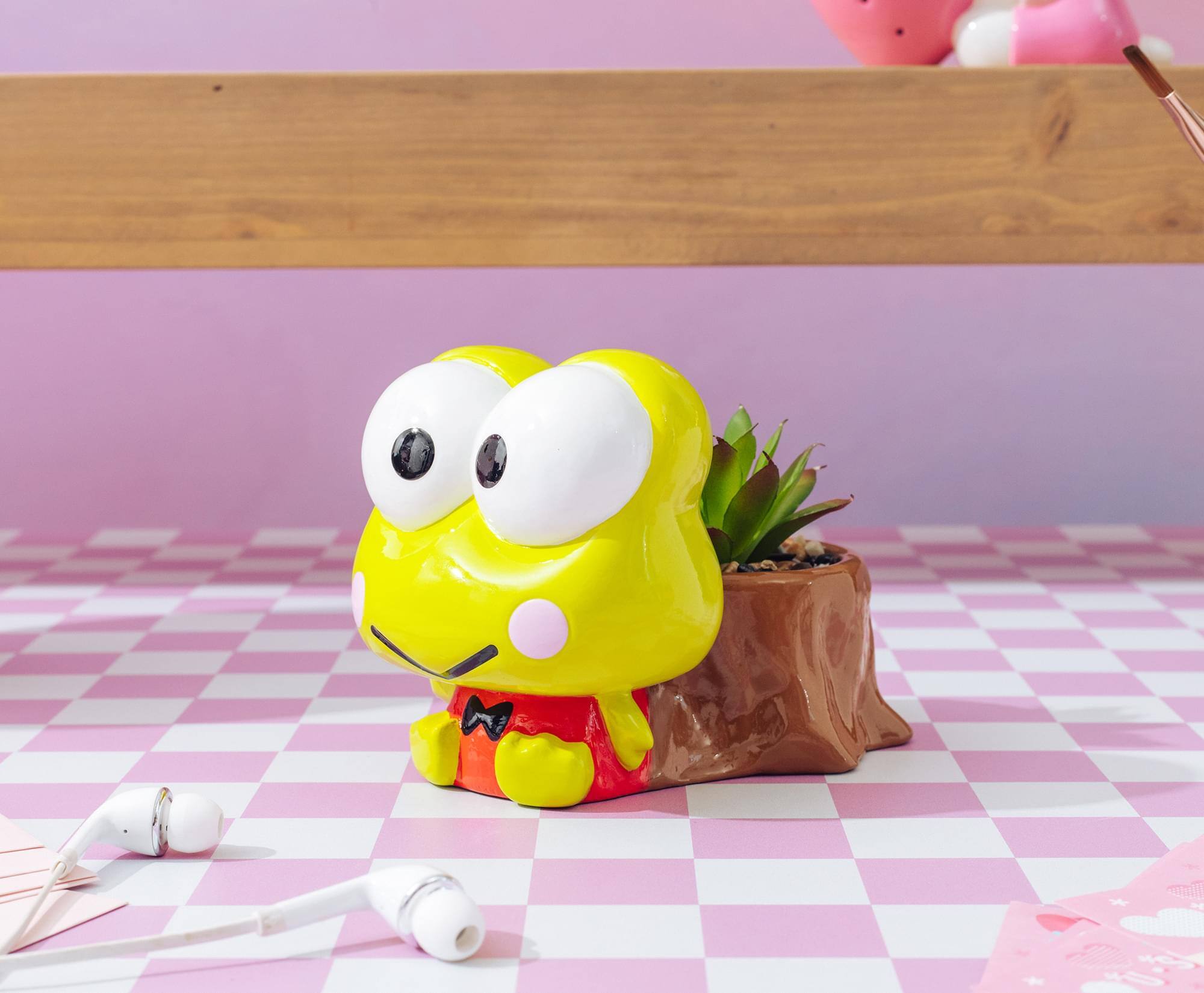 Alt View 3. Silver Buffalo - Sanrio Keroppi Stump 4-Inch Ceramic Mini Planter With Artificial Succulent - Yellow.