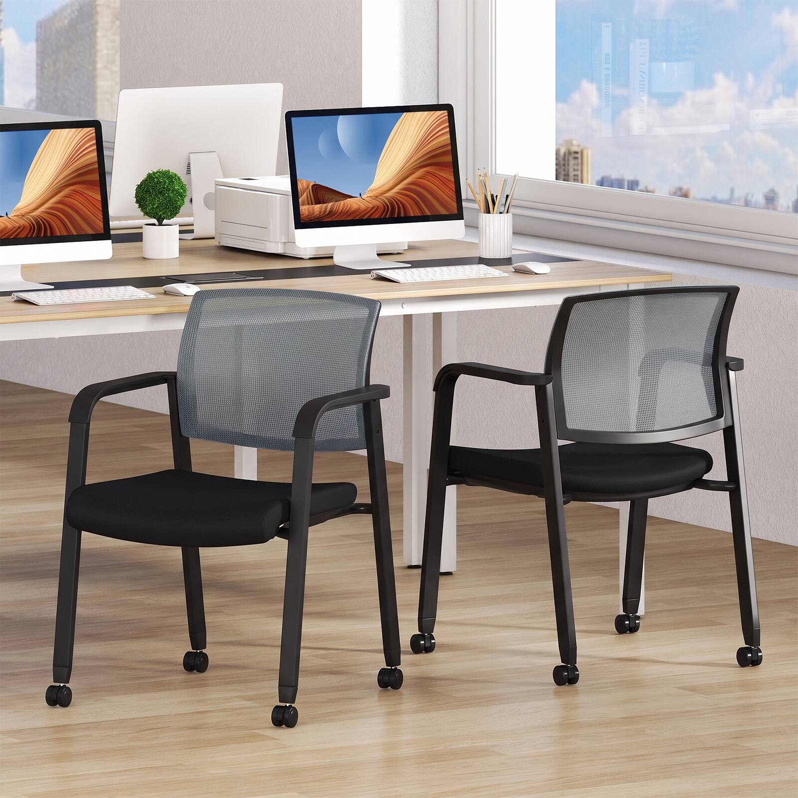 Costway Set of 4 Stackable Conference Room Chairs with Wheels Gray ...