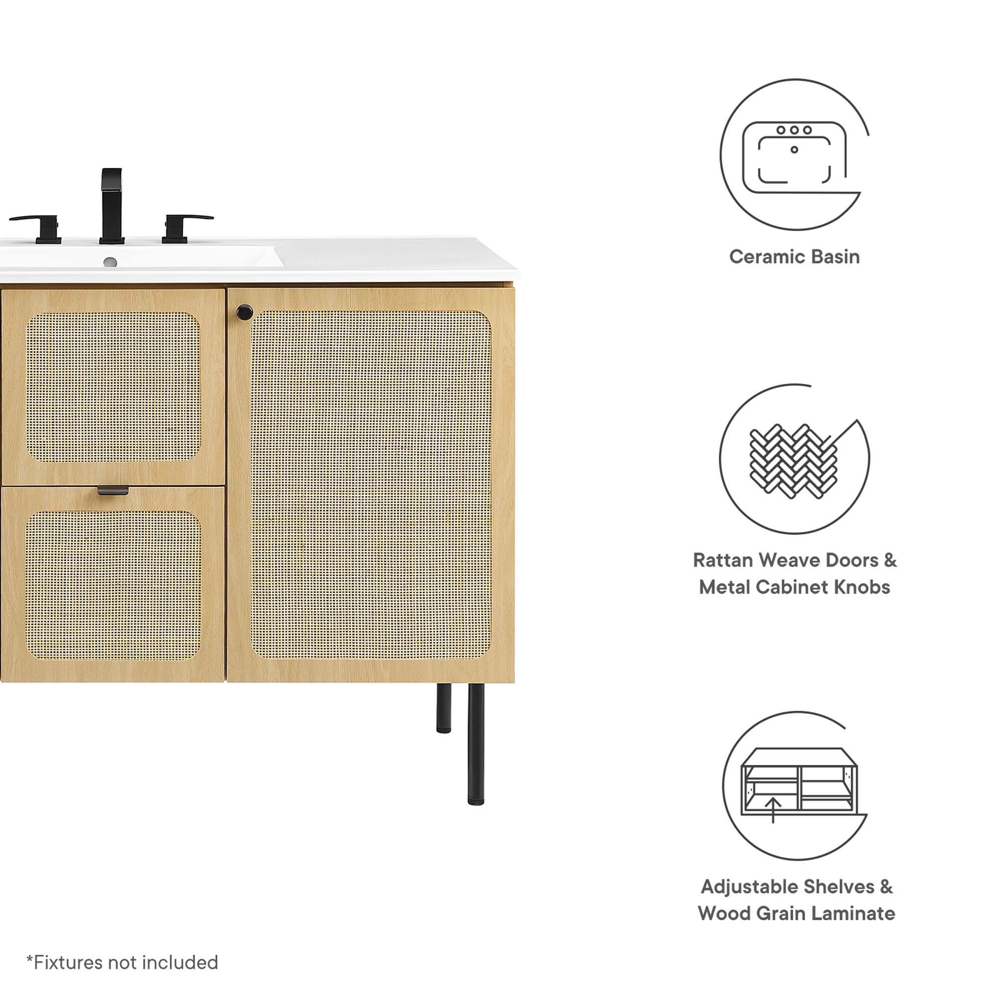 Ceramic Basin  
Rattan Weave Doors & Metal Cabinet Knobs  
Adjustable Shelves & Wood Grain Laminate  

*Fixtures not included