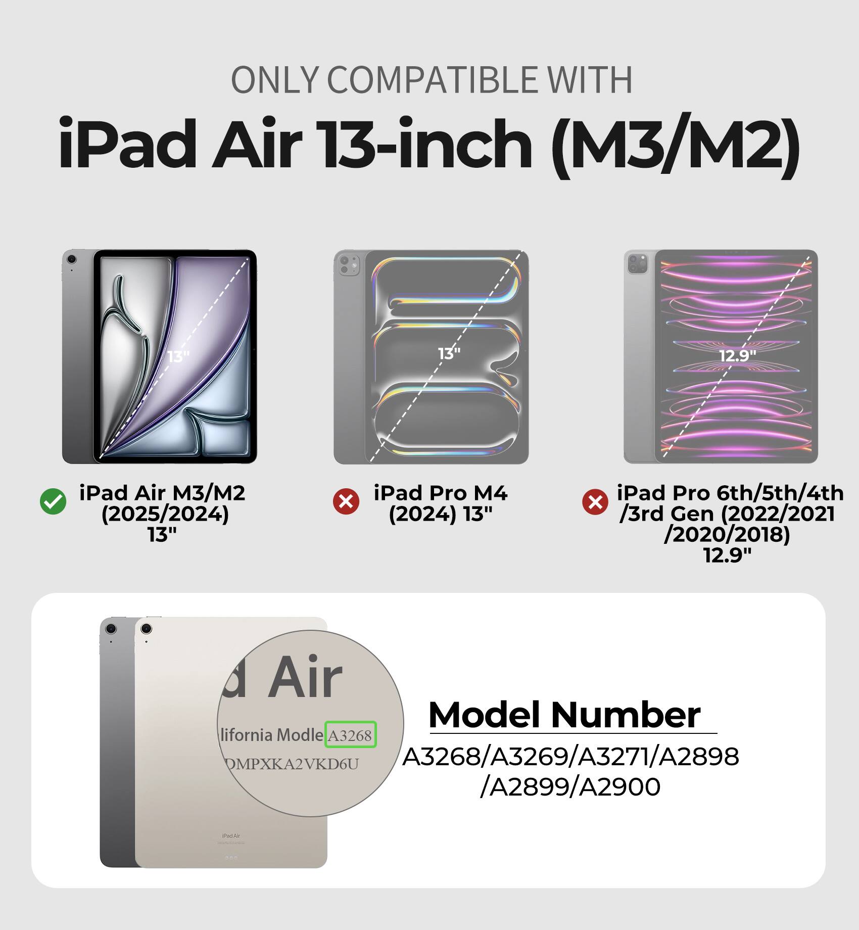 ONLY COMPATIBLE WITH  
iPad Air 13-inch (M3/M2)  
13" iPad Air M3/M2 (2025/2024)  
13" iPad Pro M4 (2024)  
12.9" iPad Pro 6th/5th/4th/3rd Gen (2022/2021/2020/2018)  

Model Number  
A3268/A3269/A3271/A2898/A2899/A2900  

California Model  
A3268  
OMPXKA2VKD6U